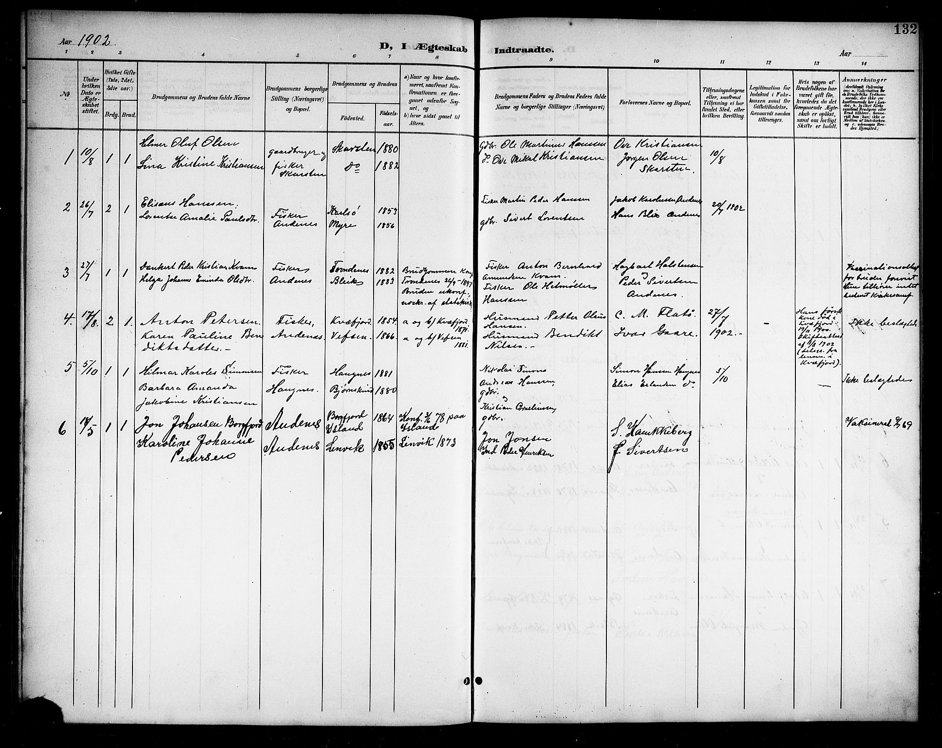 Ministerialprotokoller, klokkerbøker og fødselsregistre - Nordland, AV/SAT-A-1459/899/L1449: Parish register (copy) no. 899C04, 1900-1918, p. 132