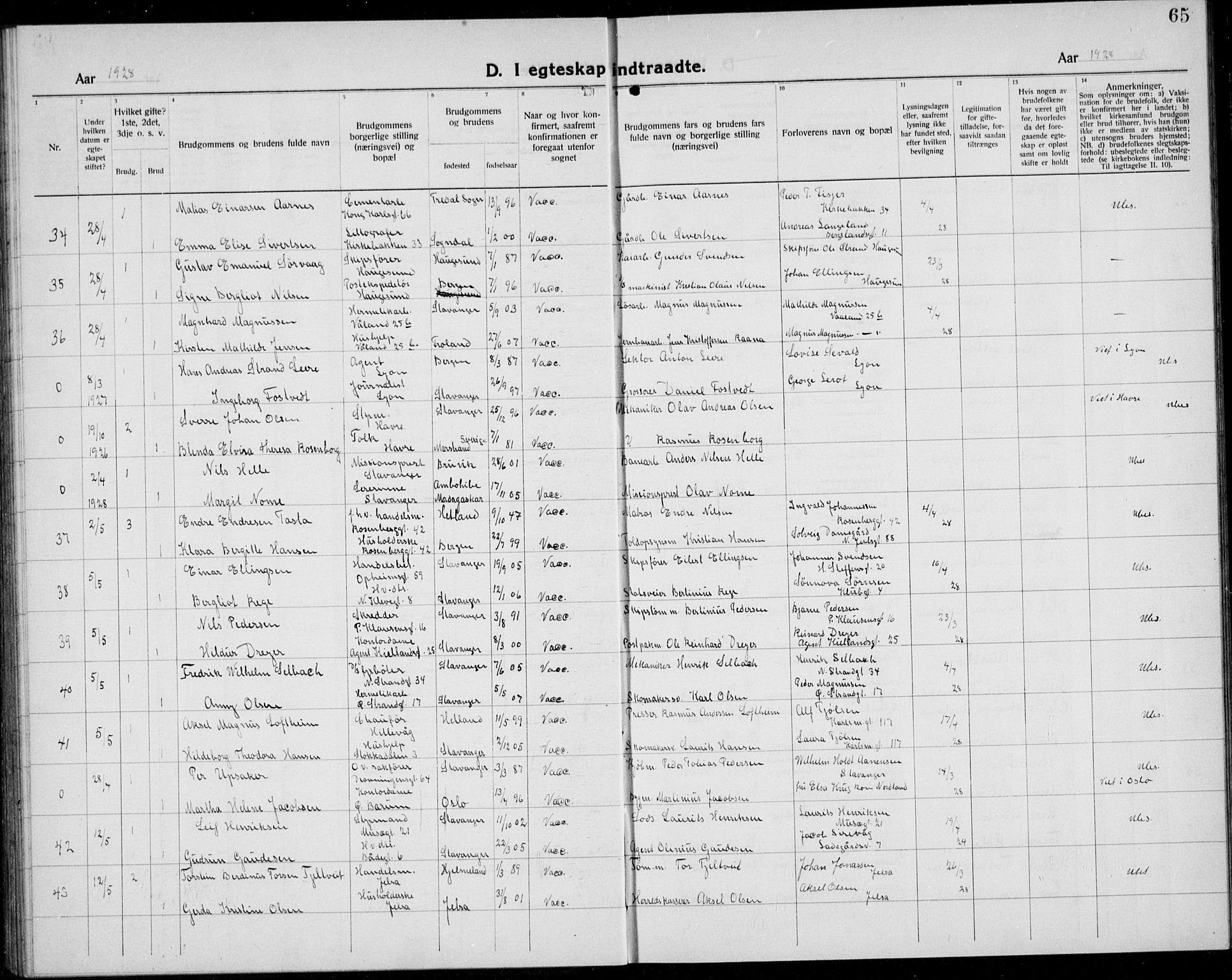 Domkirken sokneprestkontor, AV/SAST-A-101812/001/30/30BB/L0020: Parish register (copy) no. B 20, 1921-1937, p. 65