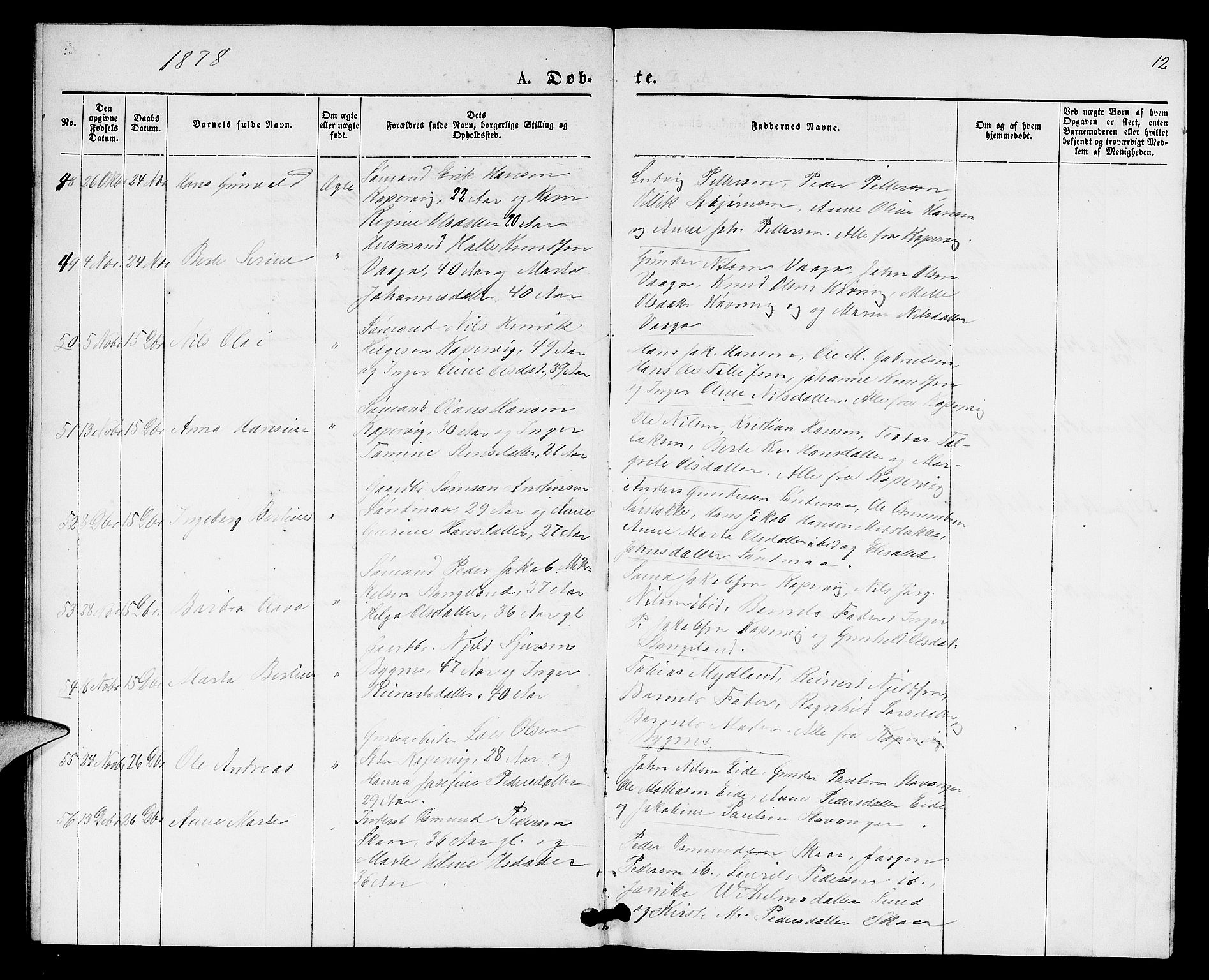Kopervik sokneprestkontor, SAST/A-101850/H/Ha/Hab/L0001: Parish register (copy) no. B 1, 1877-1891, p. 12