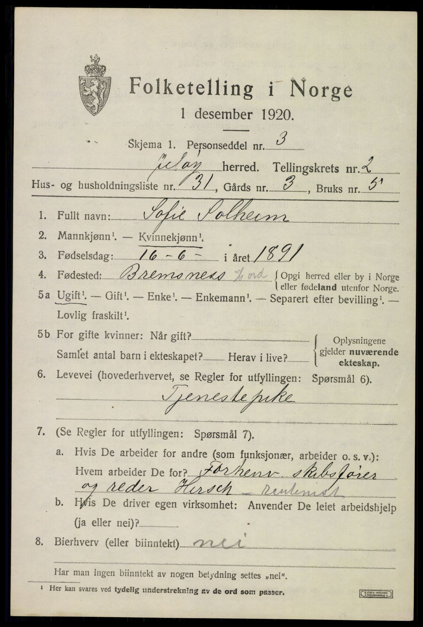 SAO, 1920 census for Moss land district, 1920, p. 2493