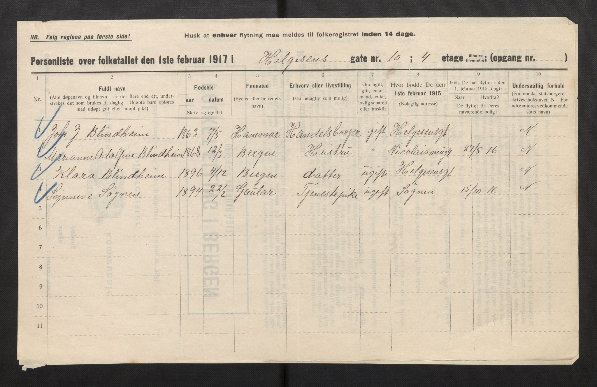 SAB, Municipal Census 1917 for Bergen, 1917, p. 13519