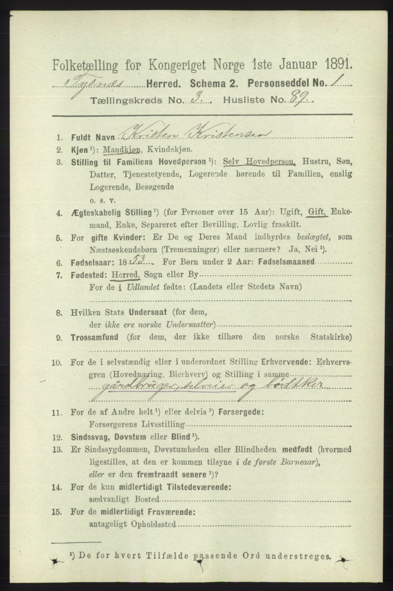 RA, 1891 census for 1223 Tysnes, 1891, p. 1337