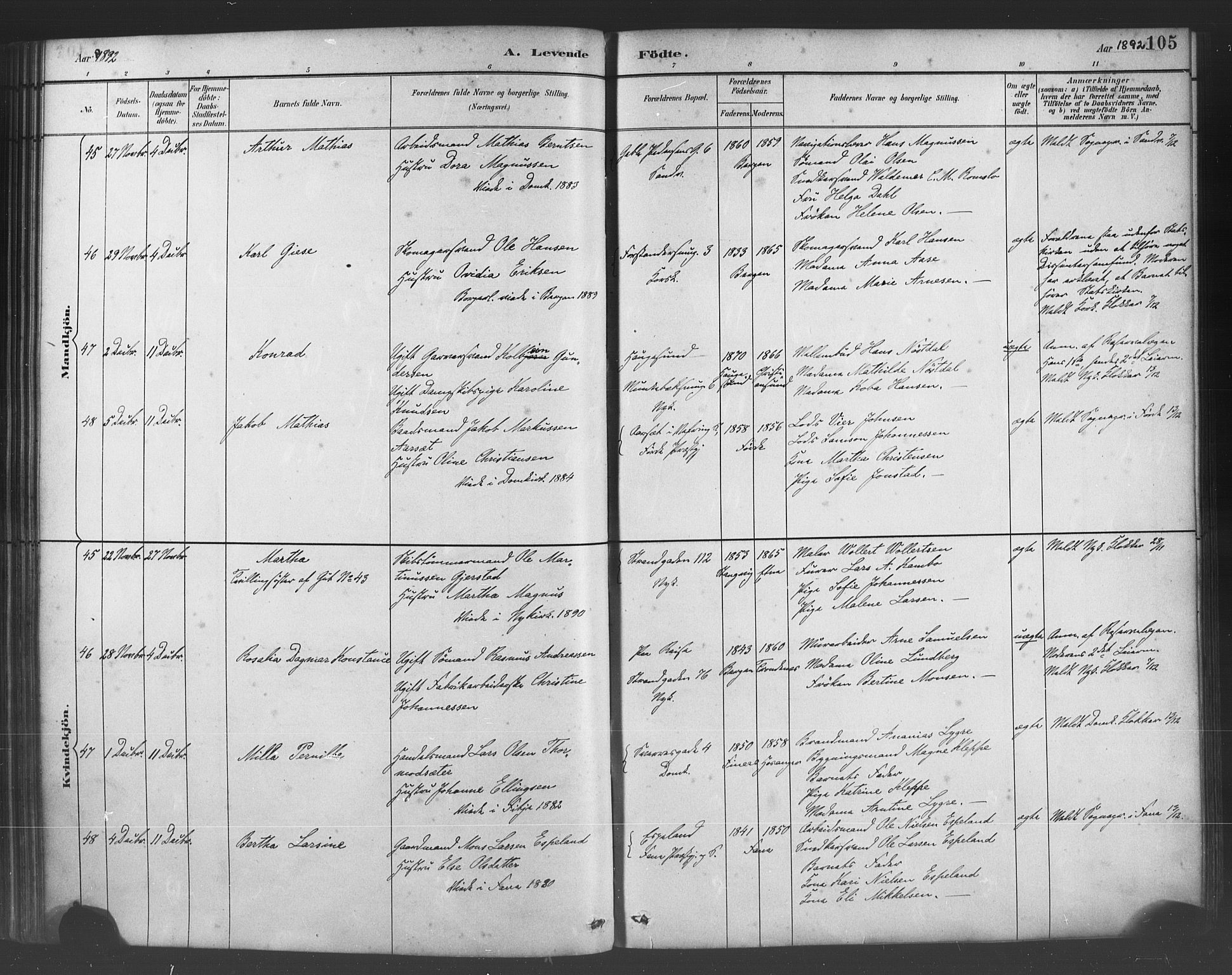 Fødselsstiftelsens sokneprestembete*, SAB/-: Parish register (official) no. A 2, 1884-1900, p. 105