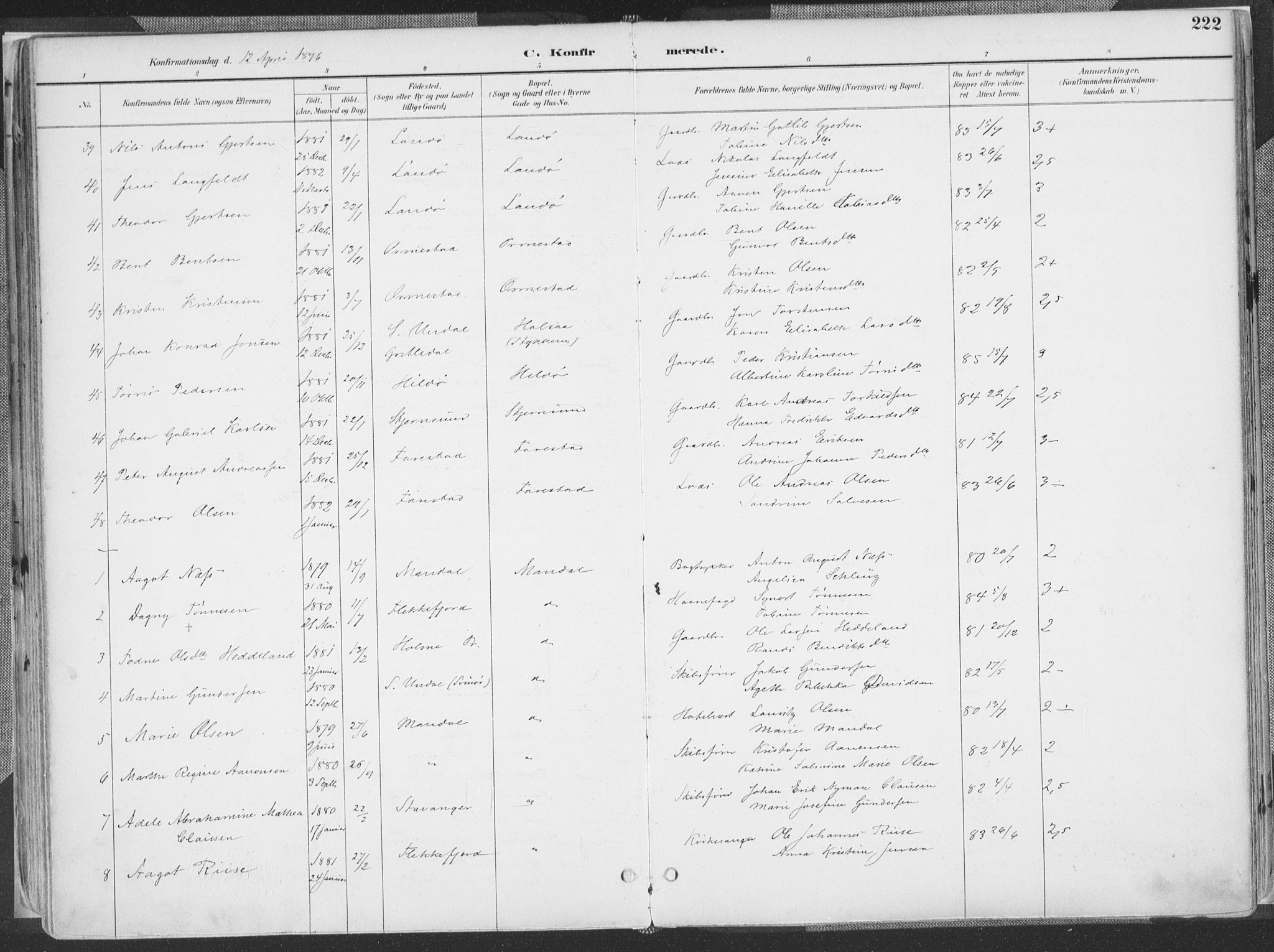 Mandal sokneprestkontor, SAK/1111-0030/F/Fa/Faa/L0018: Parish register (official) no. A 18, 1890-1905, p. 222