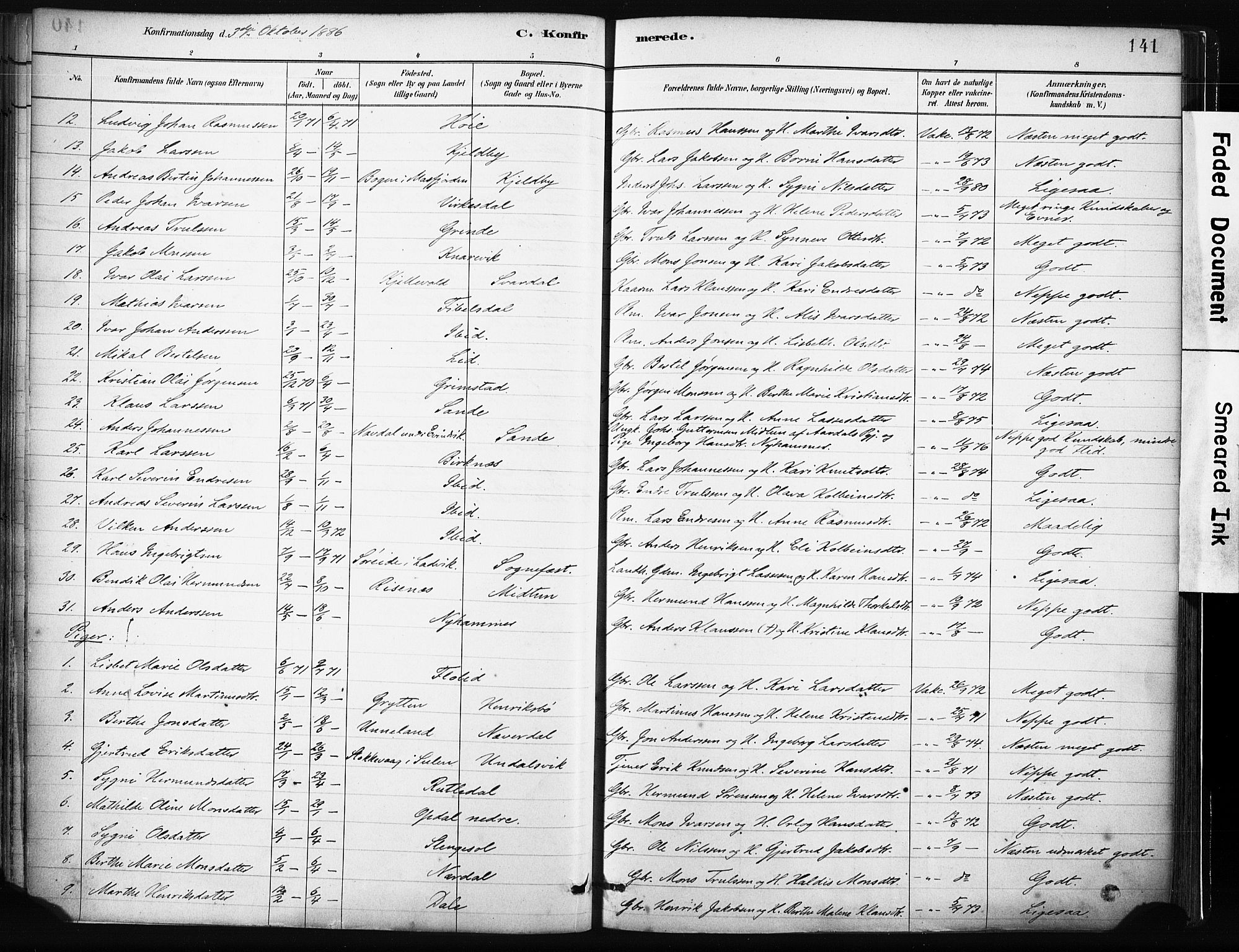 Gulen sokneprestembete, SAB/A-80201/H/Haa/Haab/L0001: Parish register (official) no. B 1, 1881-1905, p. 141