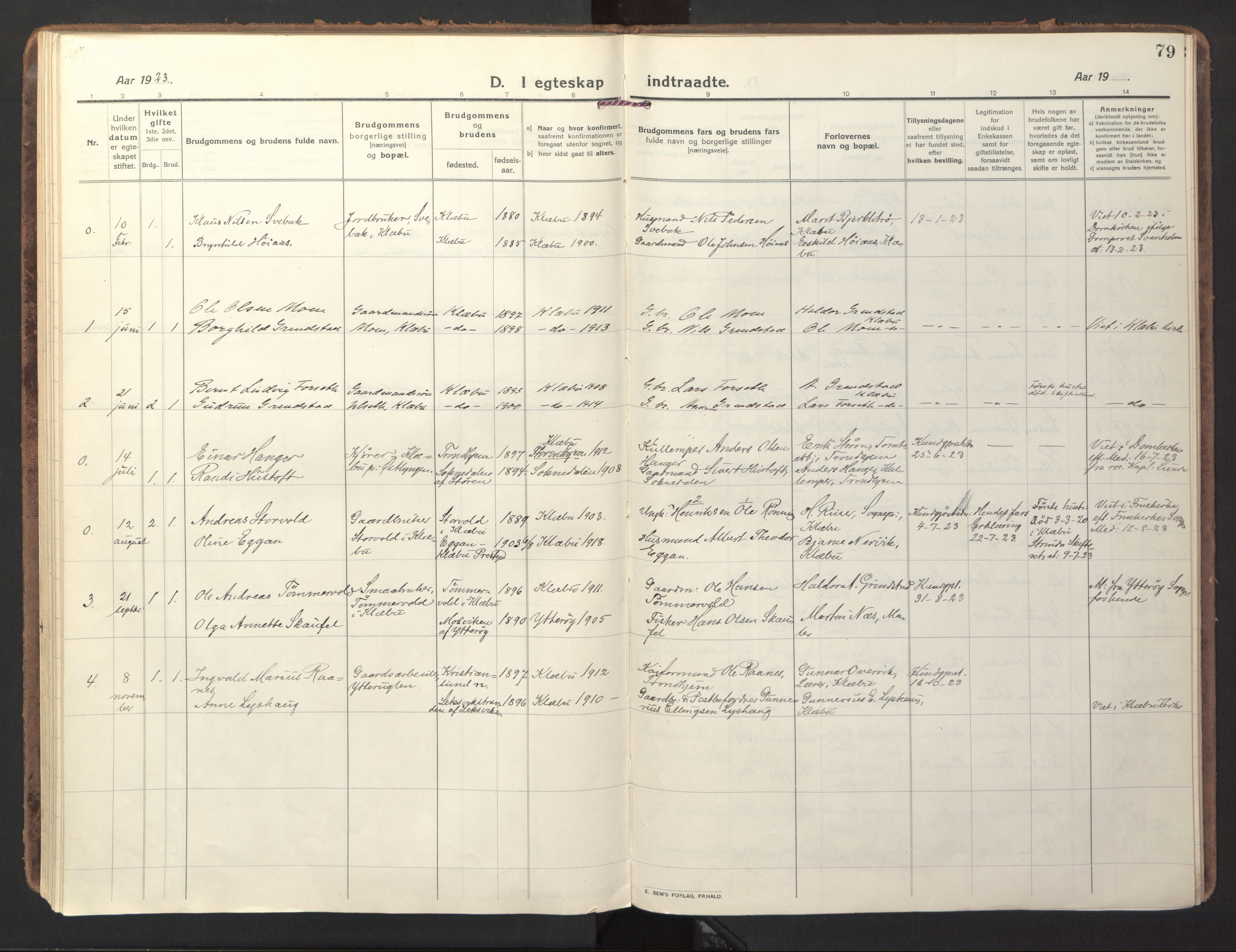Ministerialprotokoller, klokkerbøker og fødselsregistre - Sør-Trøndelag, SAT/A-1456/618/L0449: Parish register (official) no. 618A12, 1917-1924, p. 79