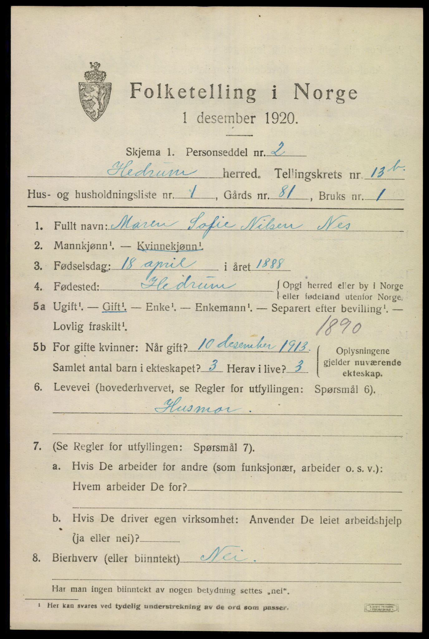 SAKO, 1920 census for Hedrum, 1920, p. 8813