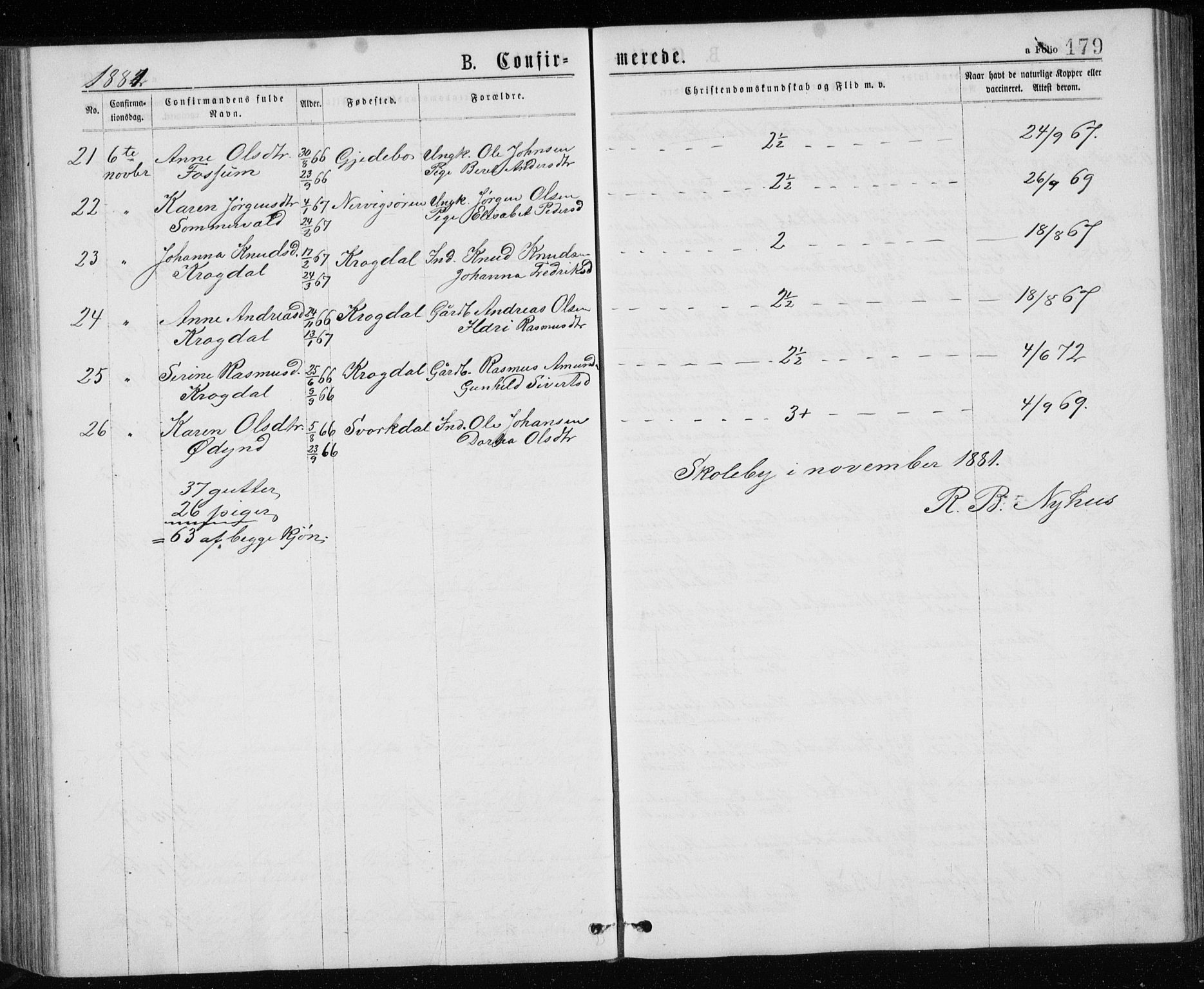 Ministerialprotokoller, klokkerbøker og fødselsregistre - Sør-Trøndelag, SAT/A-1456/671/L0843: Parish register (copy) no. 671C02, 1873-1892, p. 179