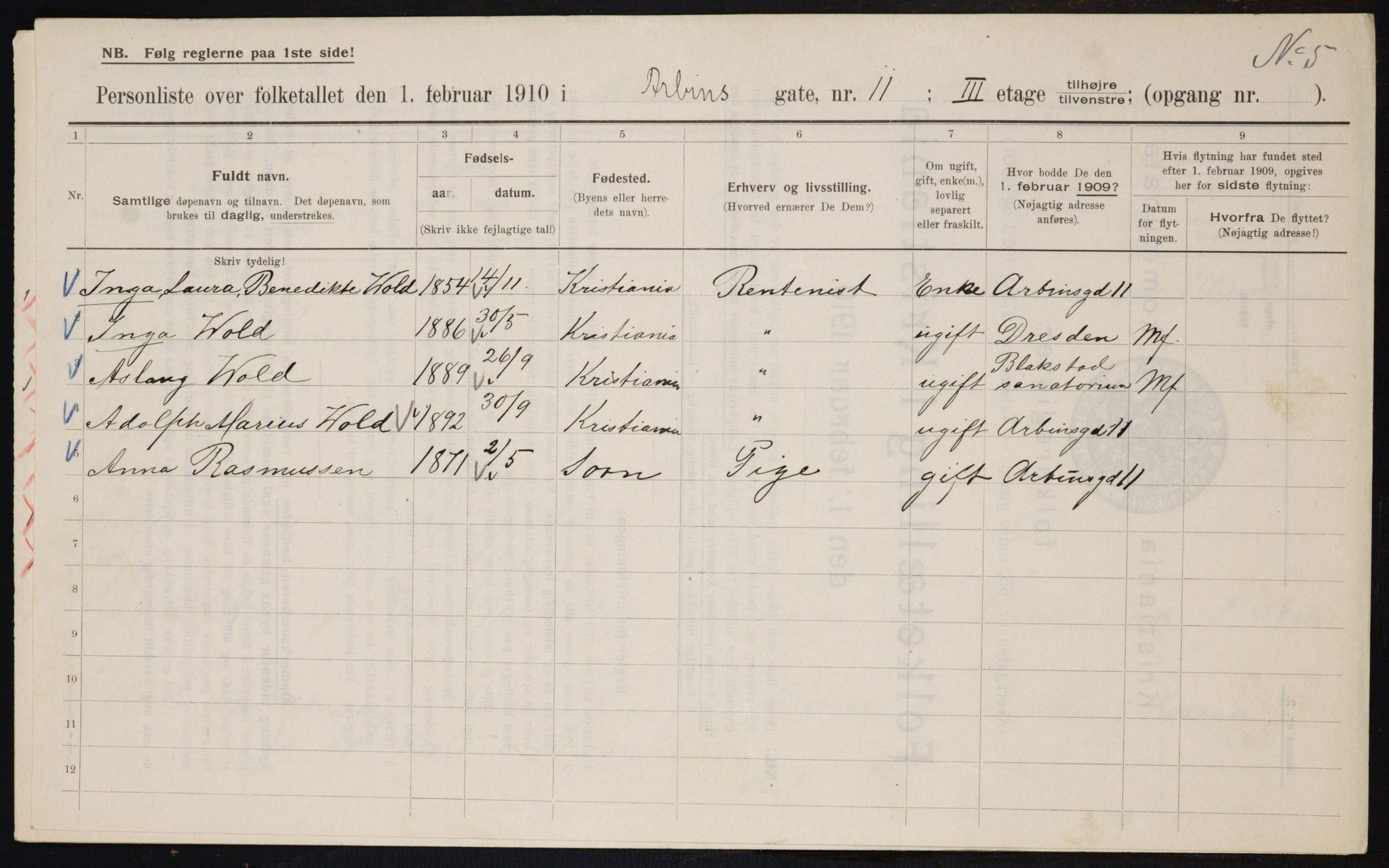 OBA, Municipal Census 1910 for Kristiania, 1910, p. 1563