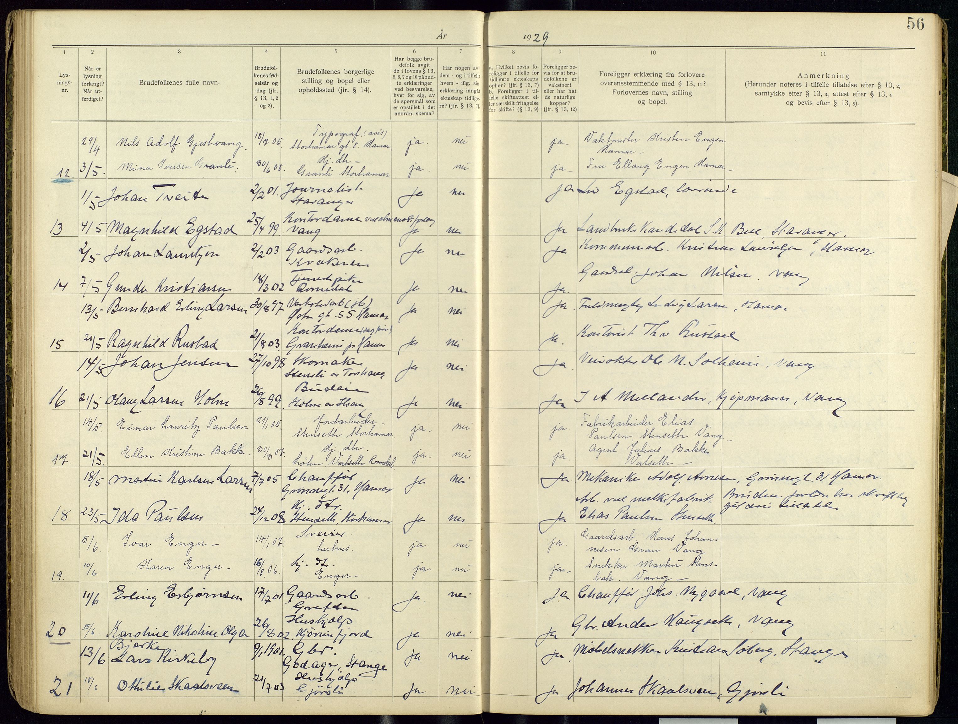 Vang prestekontor, Hedmark, AV/SAH-PREST-008/I/Ie/L0001/0001: Banns register no. 1, 1919-1938, p. 56