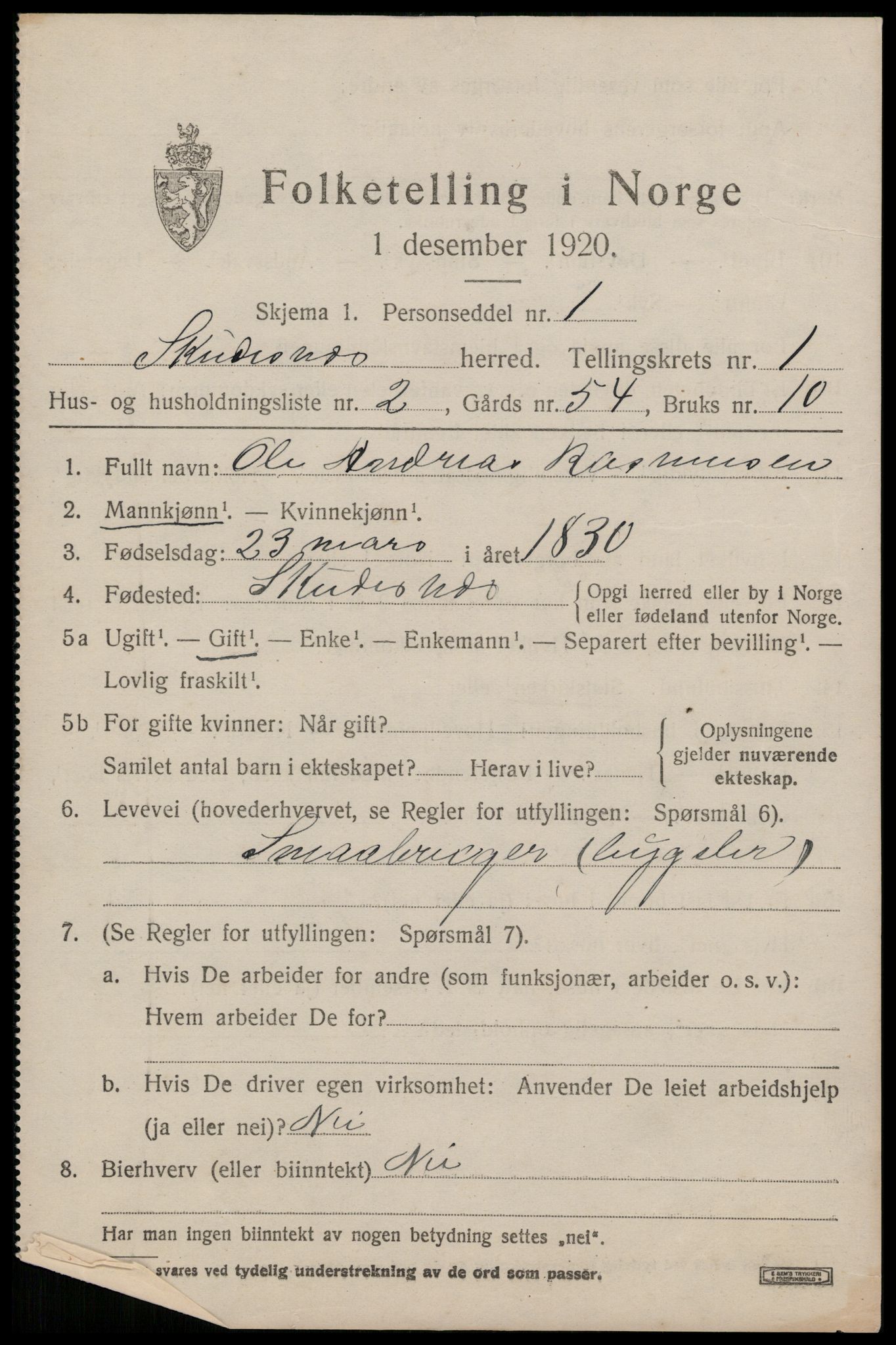 SAST, 1920 census for Skudenes, 1920, p. 1162