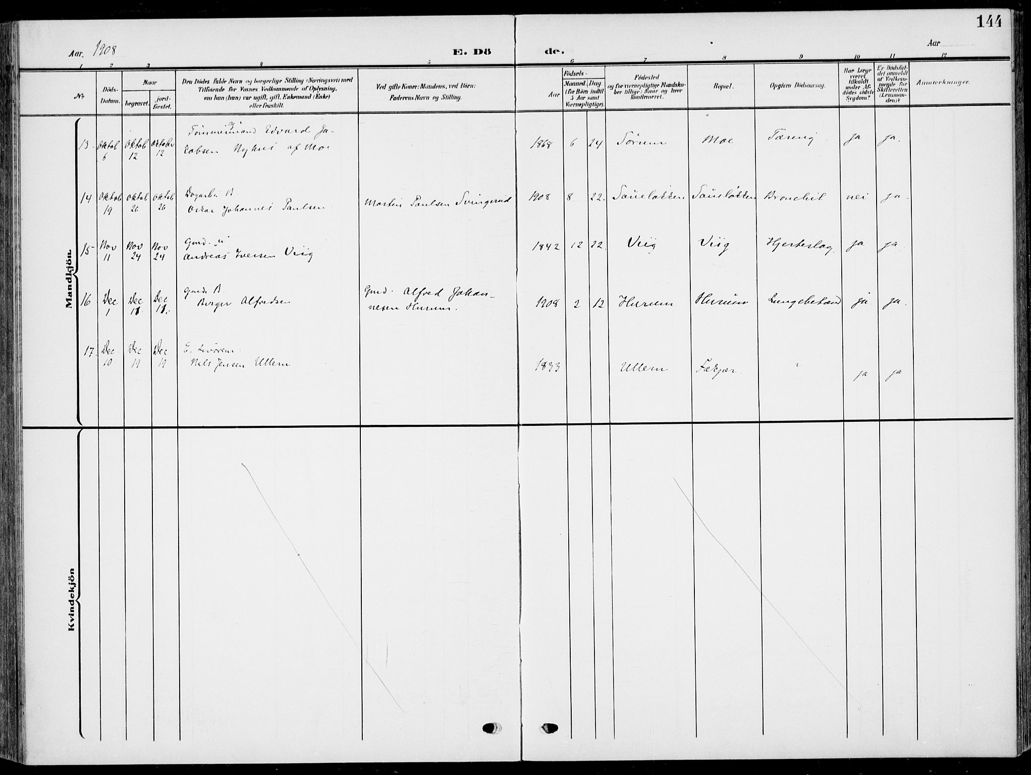 Hole kirkebøker, AV/SAKO-A-228/F/Fa/L0010: Parish register (official) no. I 10, 1907-1917, p. 144