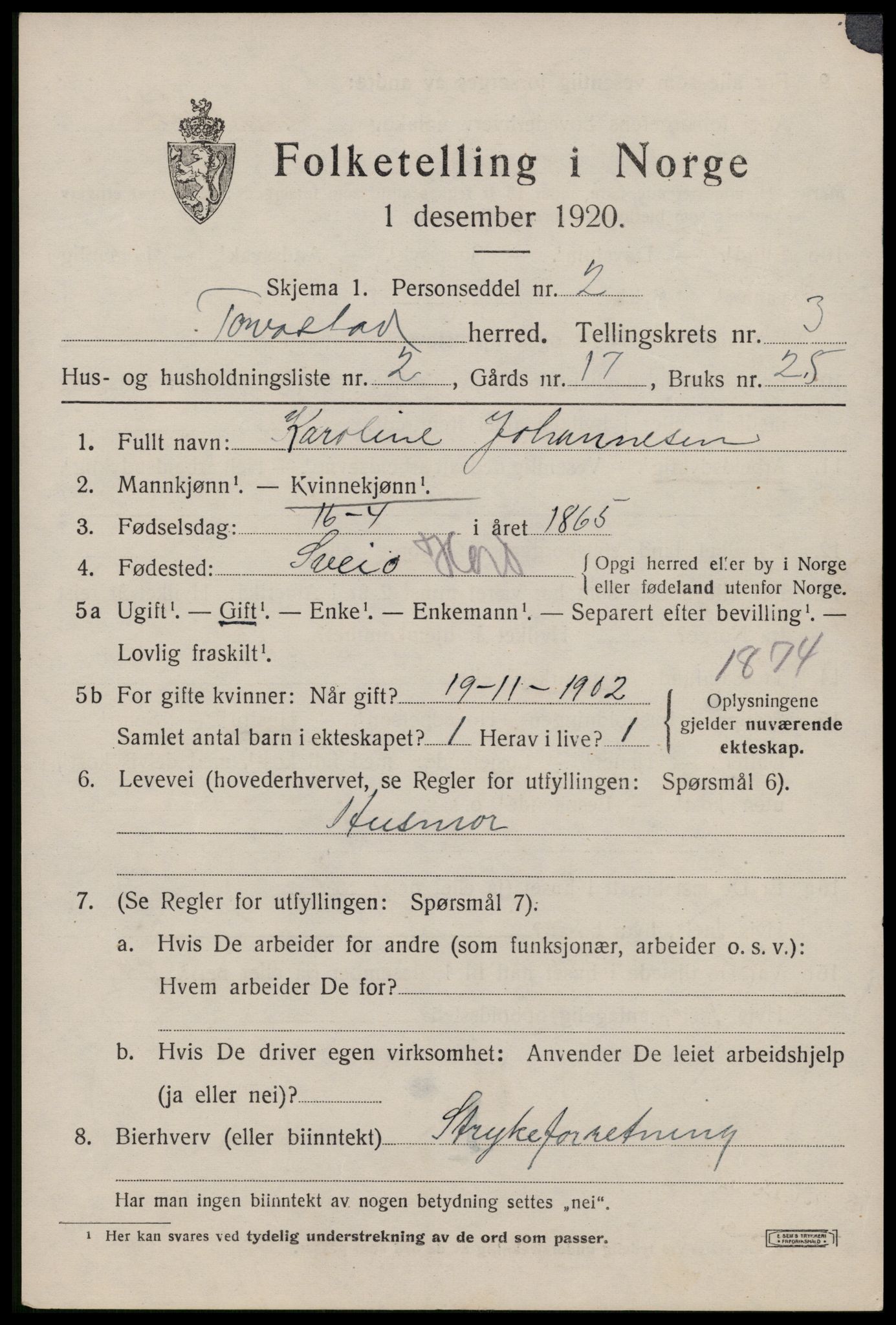 SAST, 1920 census for Torvastad, 1920, p. 2938