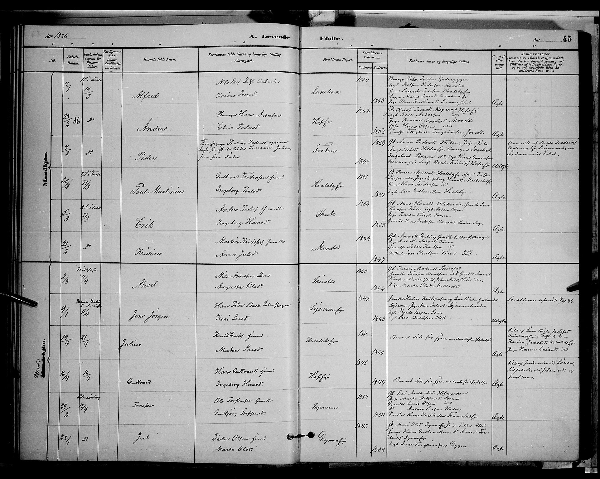 Gran prestekontor, AV/SAH-PREST-112/H/Ha/Hab/L0002: Parish register (copy) no. 2, 1879-1892, p. 45