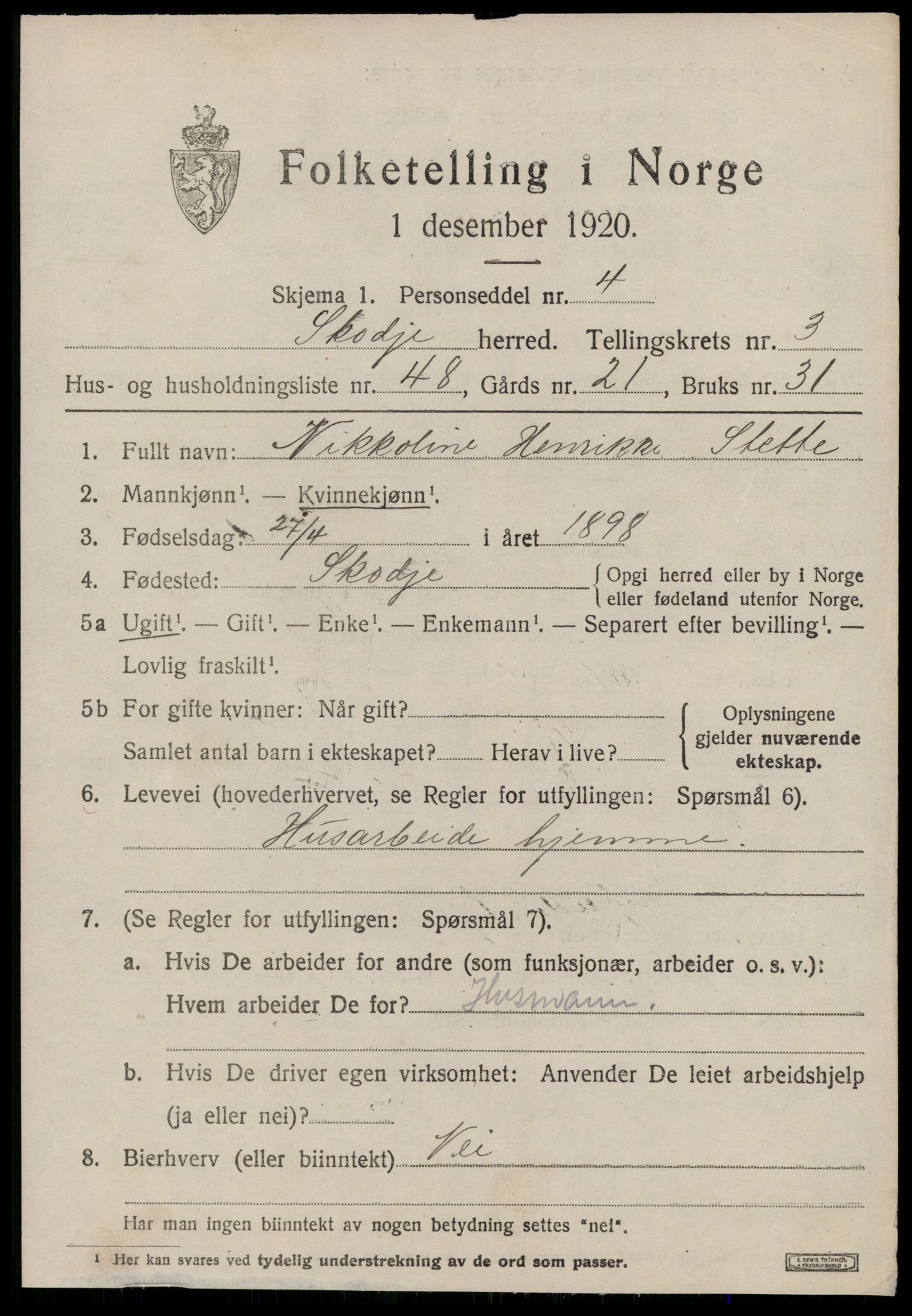 SAT, 1920 census for Skodje, 1920, p. 1821