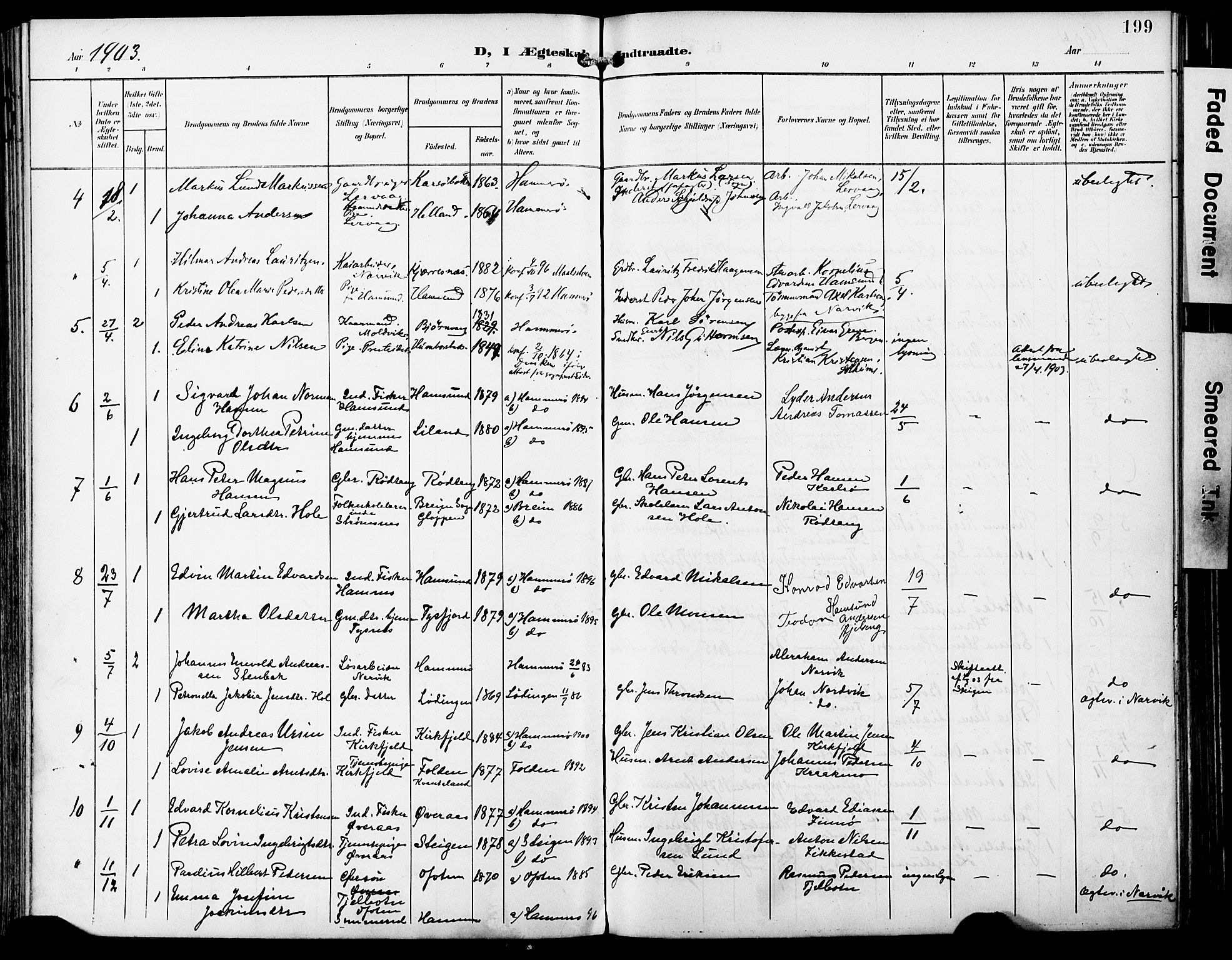 Ministerialprotokoller, klokkerbøker og fødselsregistre - Nordland, AV/SAT-A-1459/859/L0848: Parish register (official) no. 859A08, 1900-1912, p. 199