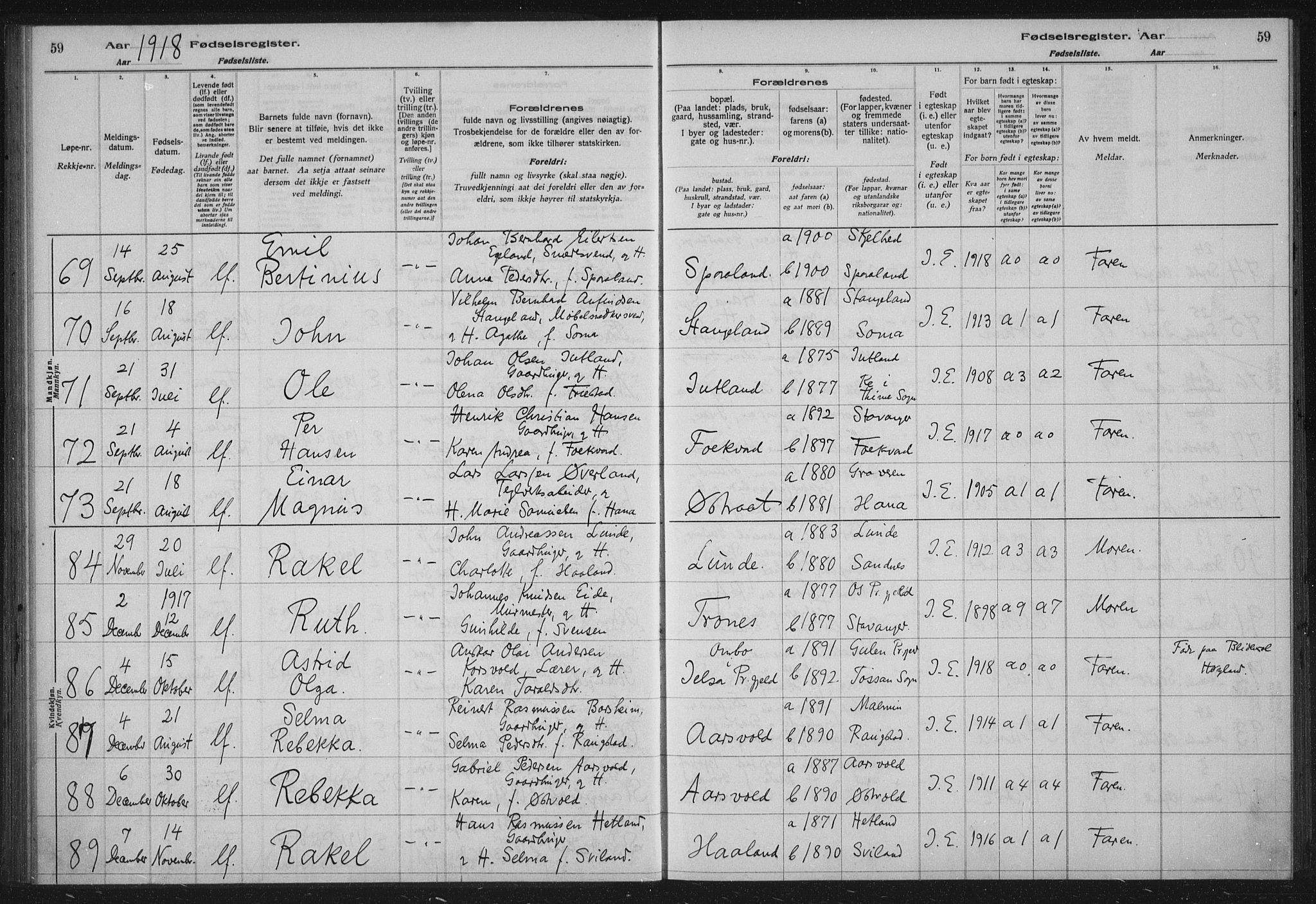 Høyland sokneprestkontor, AV/SAST-A-101799/002/O/L0001: Birth register no. 1, 1916-1924, p. 59