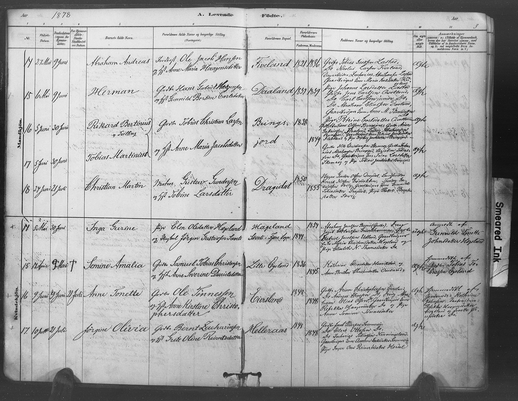 Lyngdal sokneprestkontor, AV/SAK-1111-0029/F/Fa/Fac/L0011: Parish register (official) no. A 11, 1878-1893, p. 3