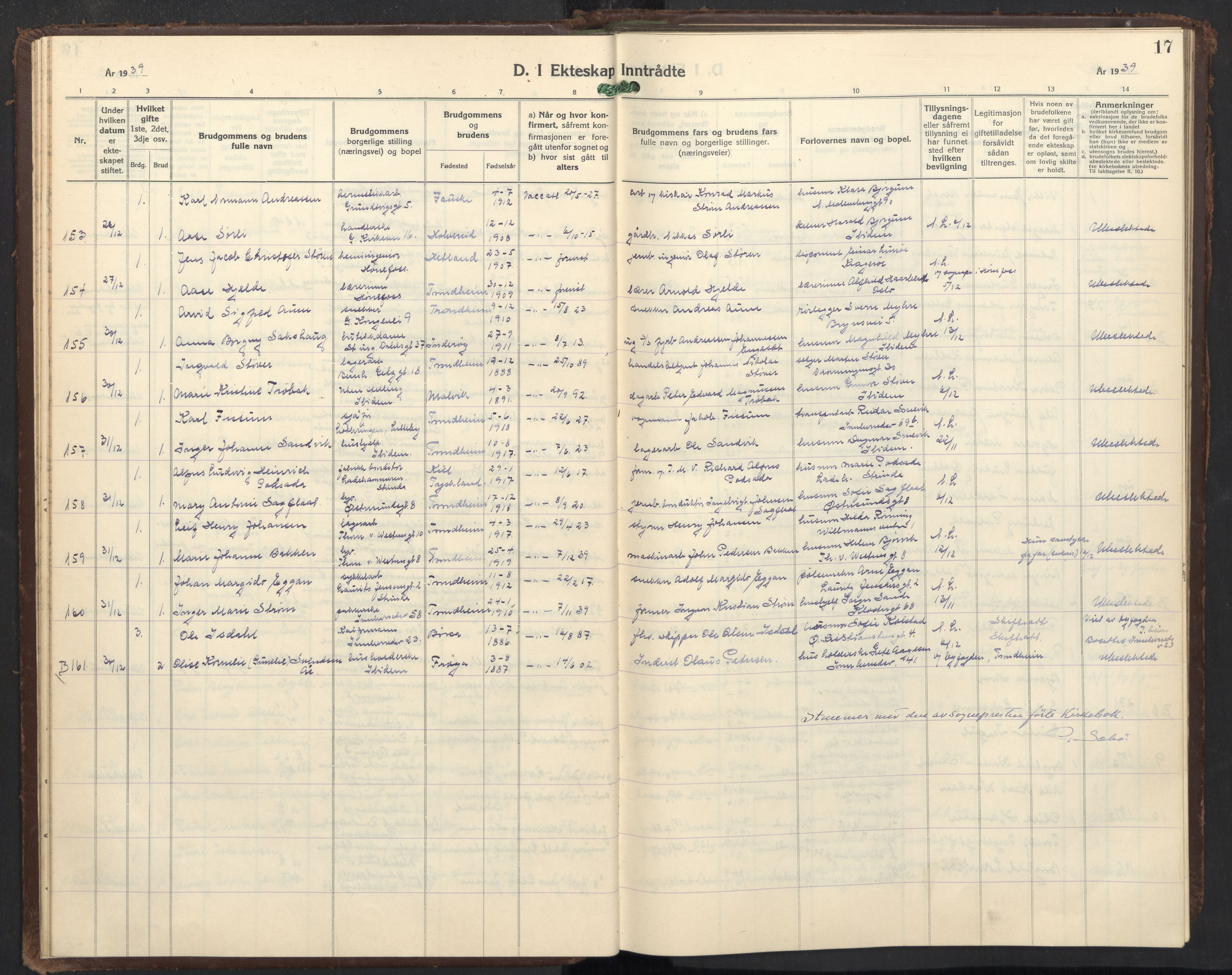 Ministerialprotokoller, klokkerbøker og fødselsregistre - Sør-Trøndelag, SAT/A-1456/605/L0263: Parish register (copy) no. 605C10, 1938-1949, p. 17