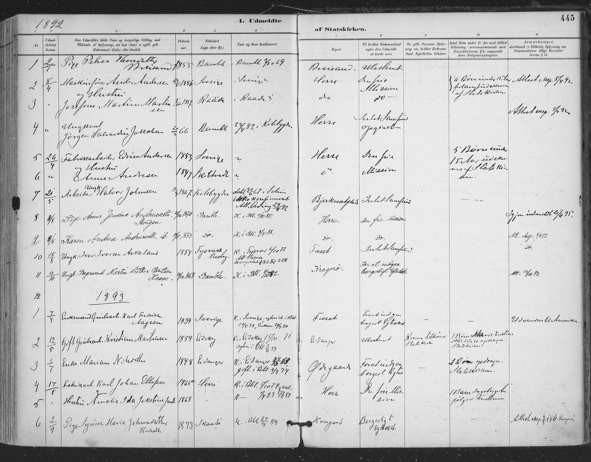 Bamble kirkebøker, AV/SAKO-A-253/F/Fa/L0008: Parish register (official) no. I 8, 1888-1900, p. 445