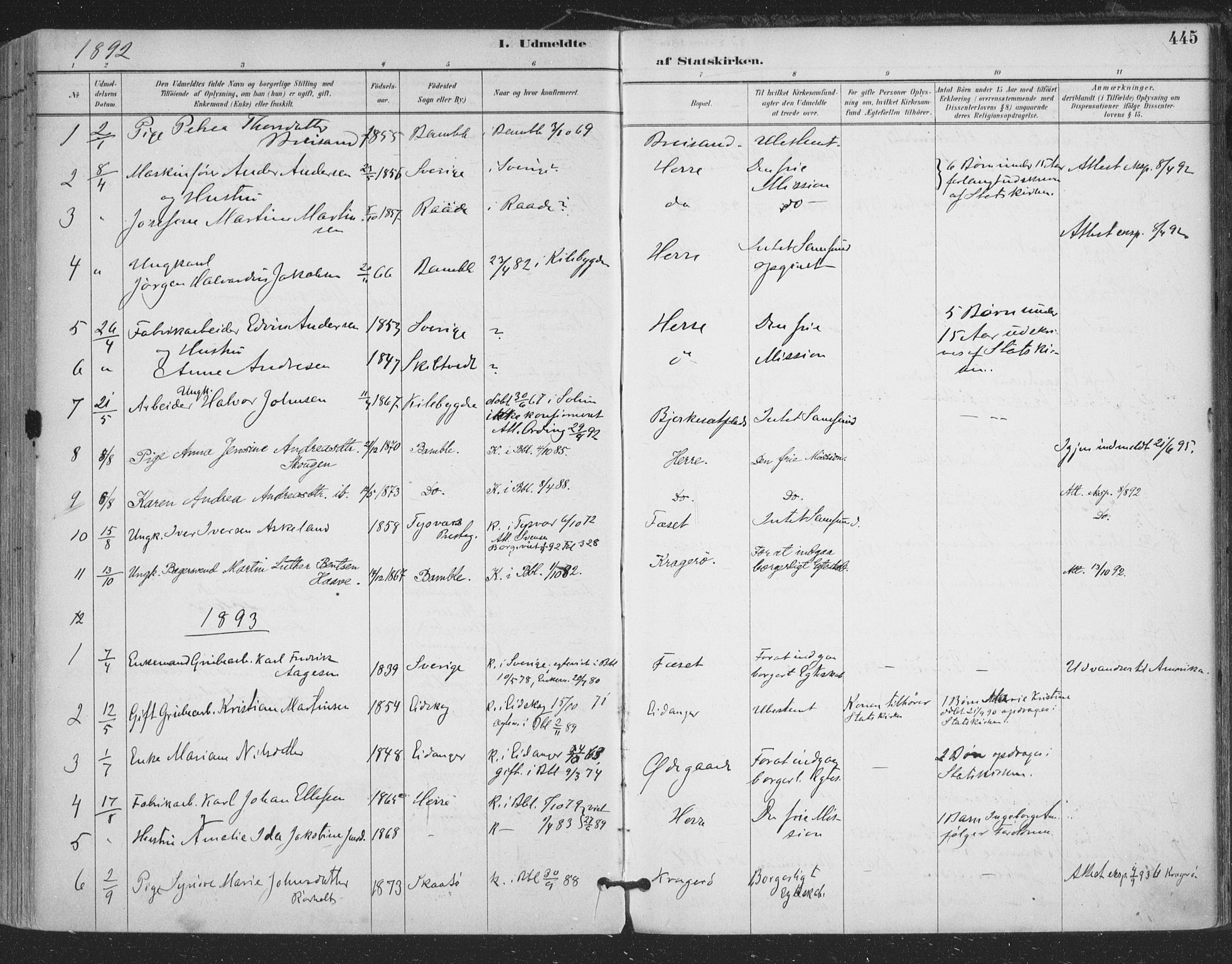 Bamble kirkebøker, SAKO/A-253/F/Fa/L0008: Parish register (official) no. I 8, 1888-1900, p. 445