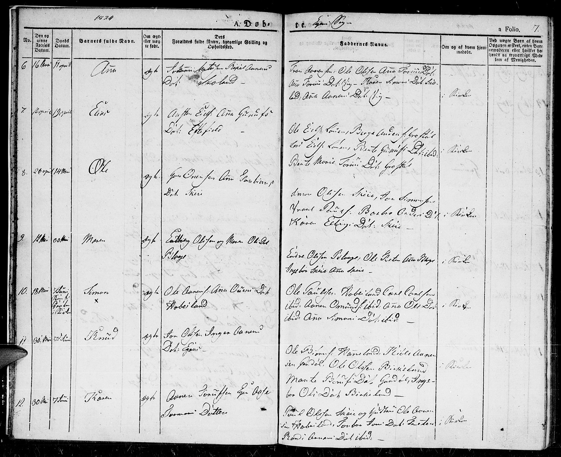 Hægebostad sokneprestkontor, AV/SAK-1111-0024/F/Fa/Fab/L0001: Parish register (official) no. A 1, 1823-1867, p. 7