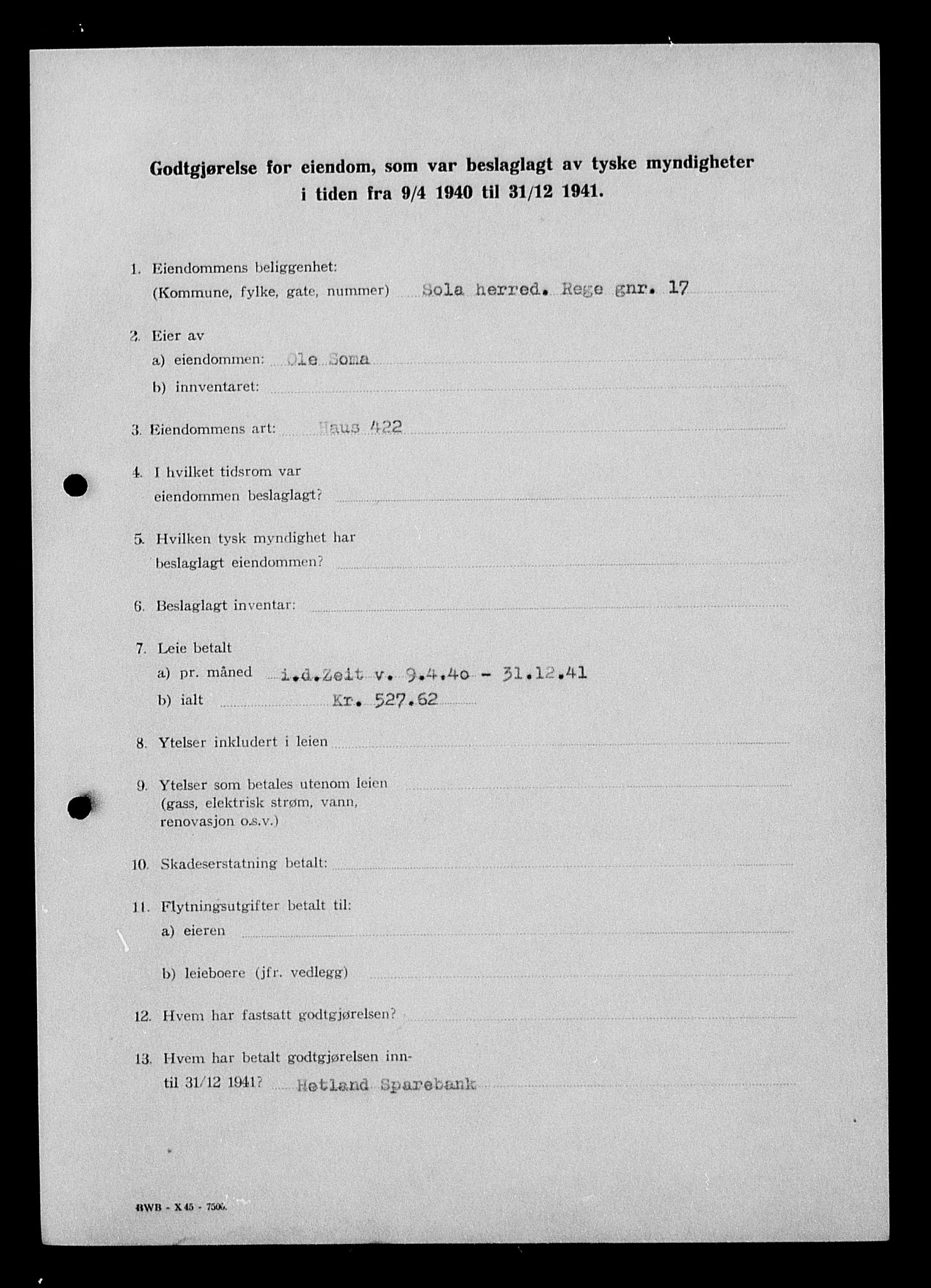 Justisdepartementet, Tilbakeføringskontoret for inndratte formuer, AV/RA-S-1564/I/L1015: Godtgjørelse for beslaglagt eiendom, 1940-1941, p. 267