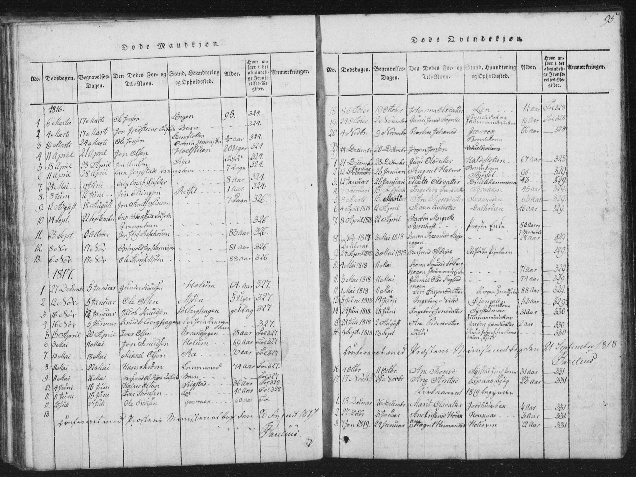 Ministerialprotokoller, klokkerbøker og fødselsregistre - Sør-Trøndelag, SAT/A-1456/672/L0862: Parish register (copy) no. 672C01, 1816-1831, p. 95