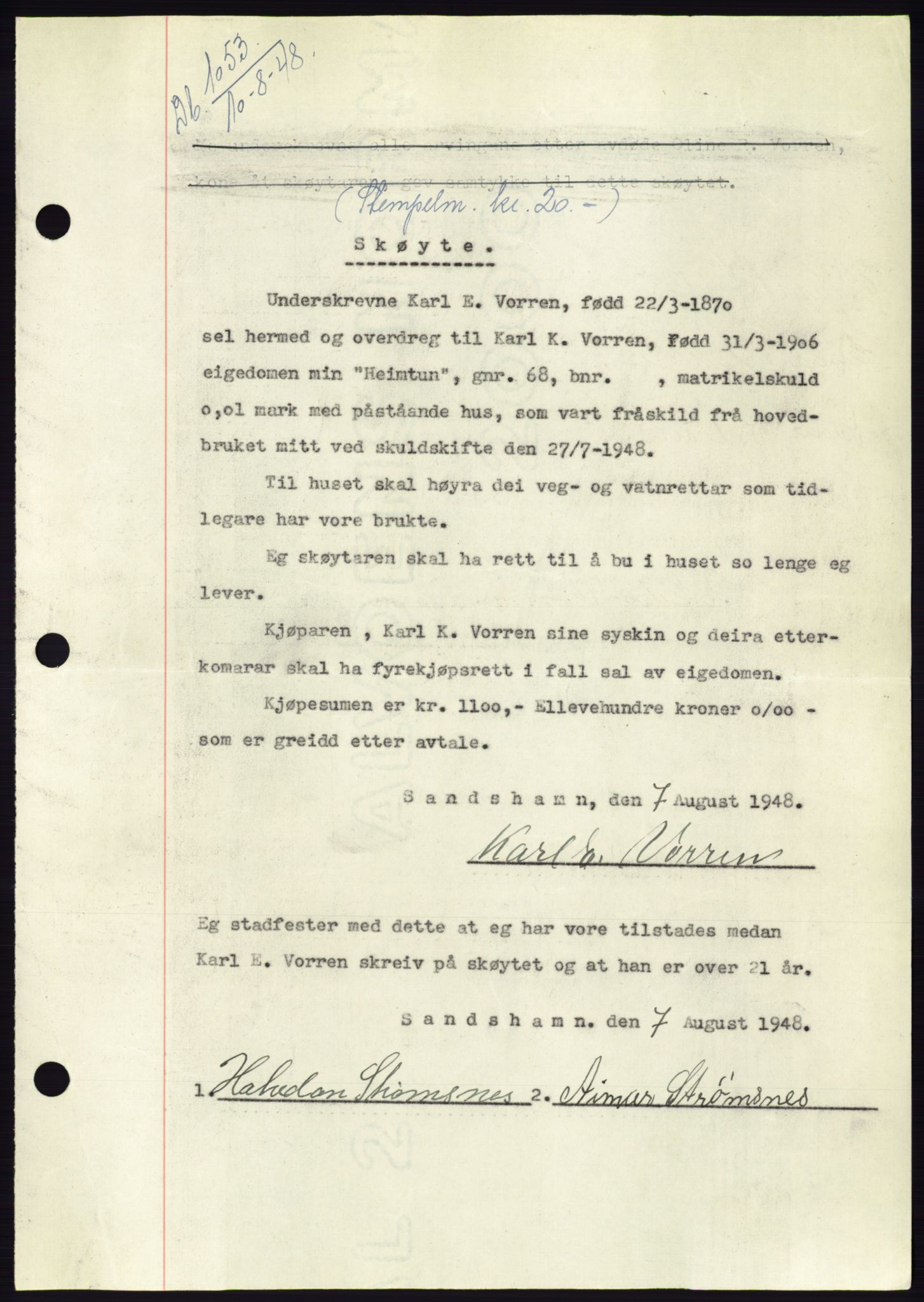 Søre Sunnmøre sorenskriveri, AV/SAT-A-4122/1/2/2C/L0082: Mortgage book no. 8A, 1948-1948, Diary no: : 1053/1948