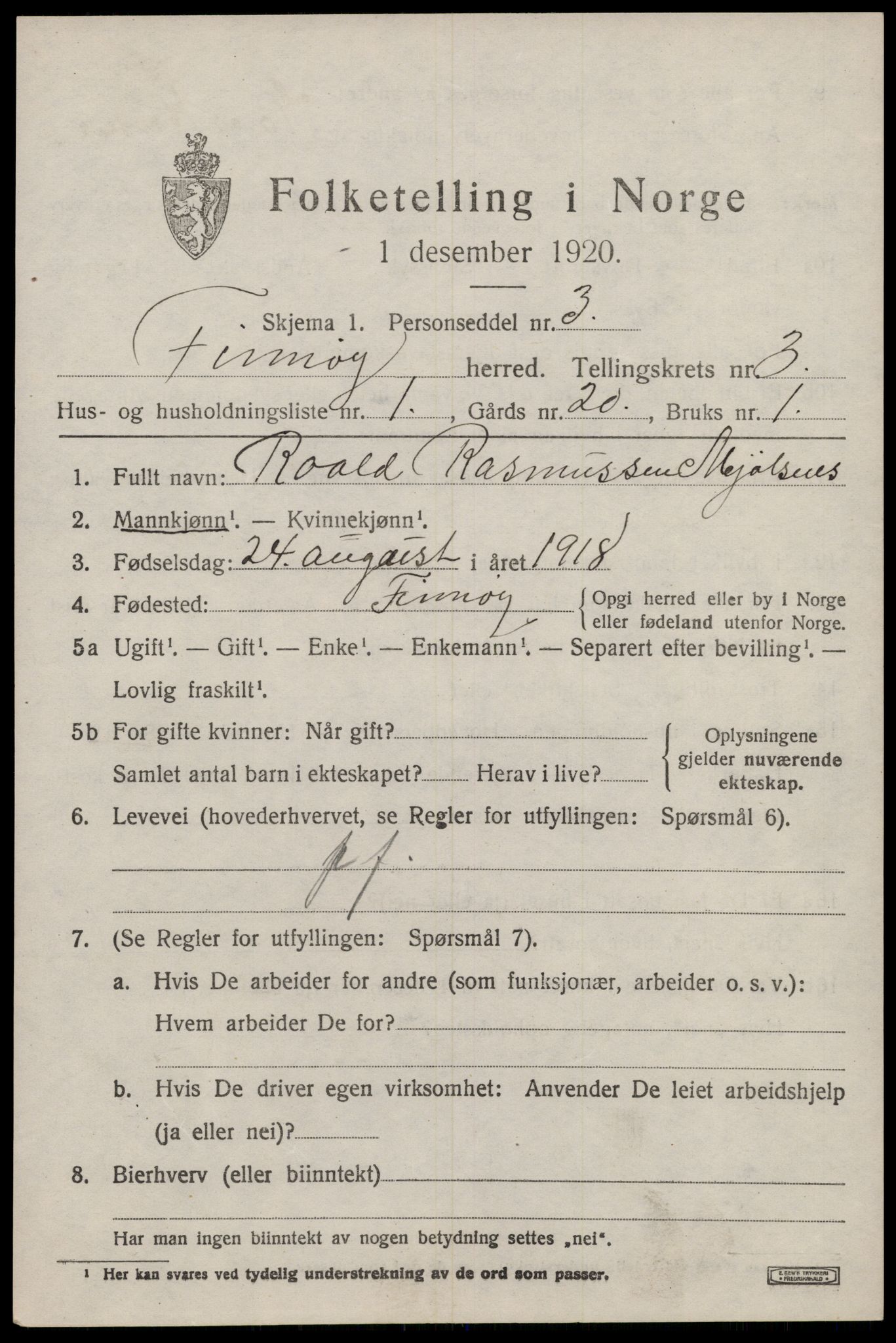 SAST, 1920 census for Finnøy, 1920, p. 2174