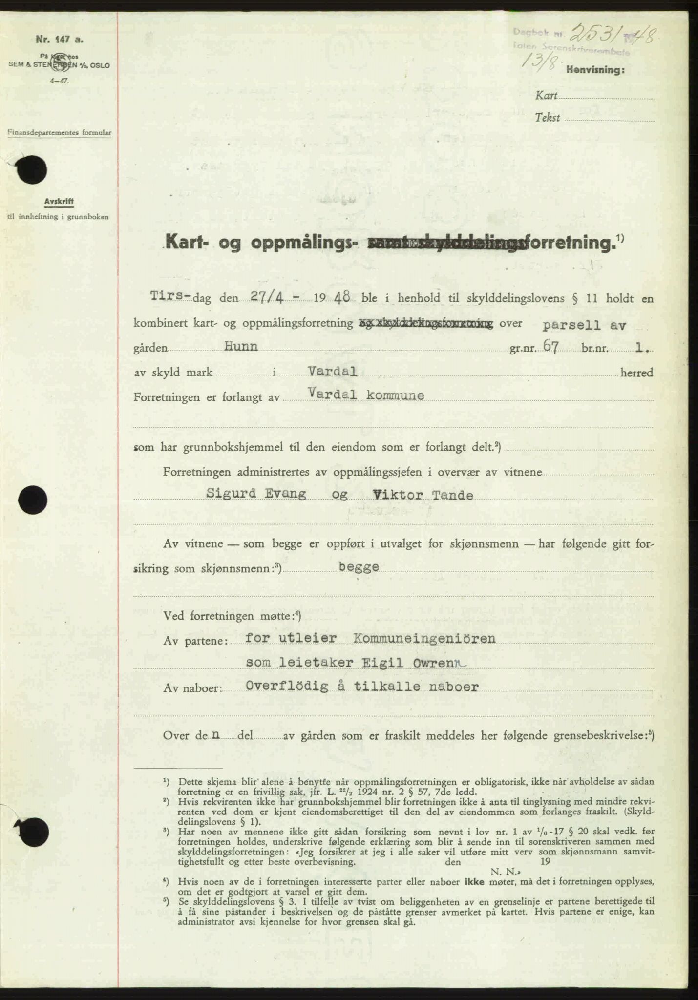 Toten tingrett, SAH/TING-006/H/Hb/Hbc/L0020: Mortgage book no. Hbc-20, 1948-1948, Diary no: : 2531/1948