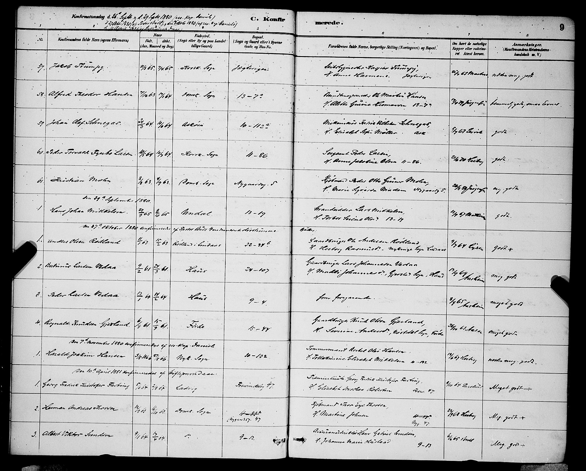 Domkirken sokneprestembete, SAB/A-74801/H/Hab/L0024: Parish register (copy) no. C 4, 1880-1899, p. 9