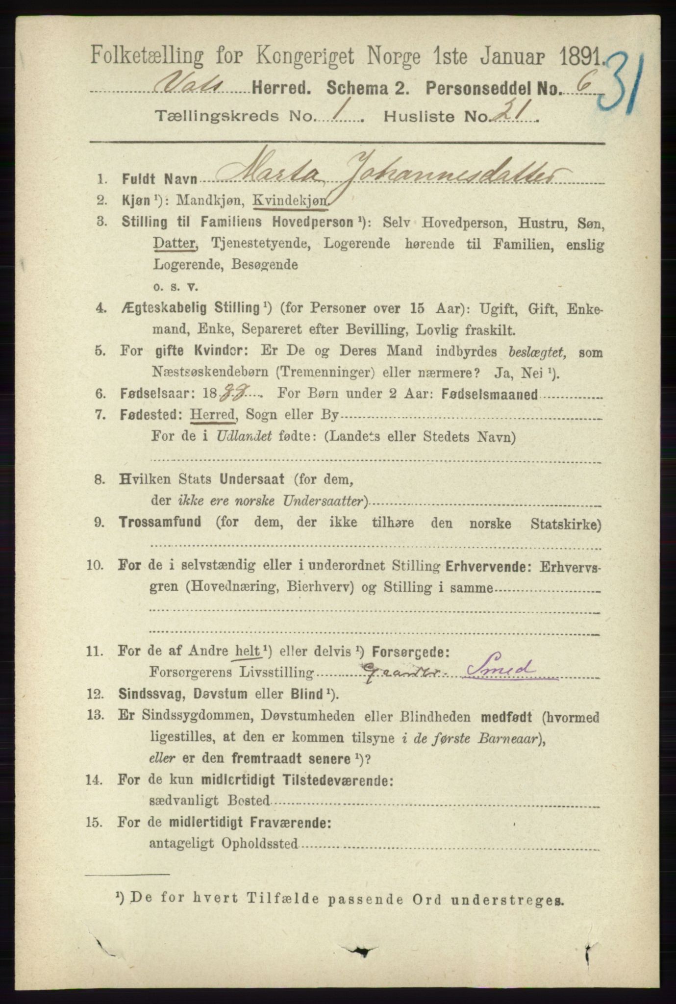 RA, 1891 census for 1155 Vats, 1891, p. 169