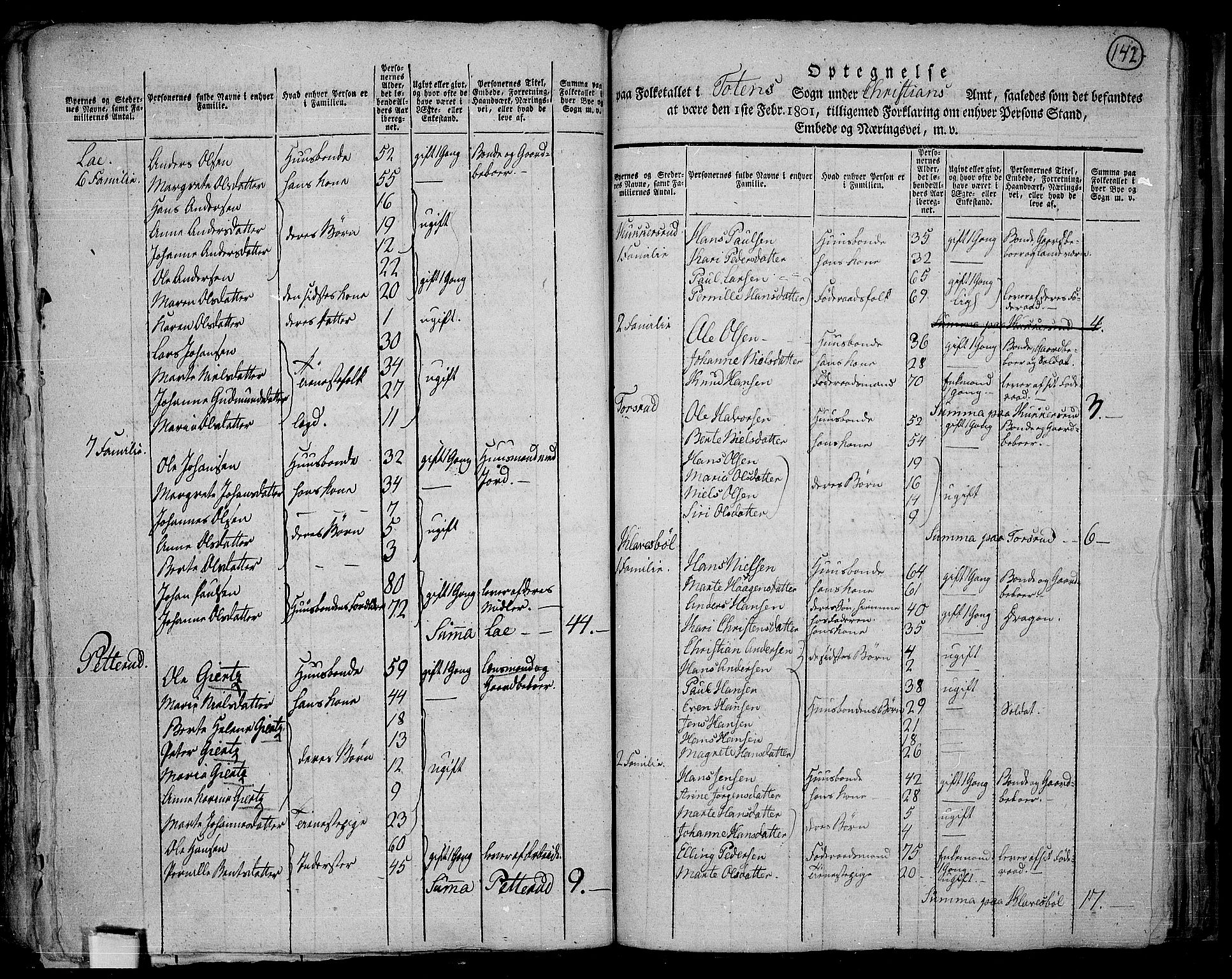 RA, 1801 census for 0528P Toten, 1801, p. 141b-142a