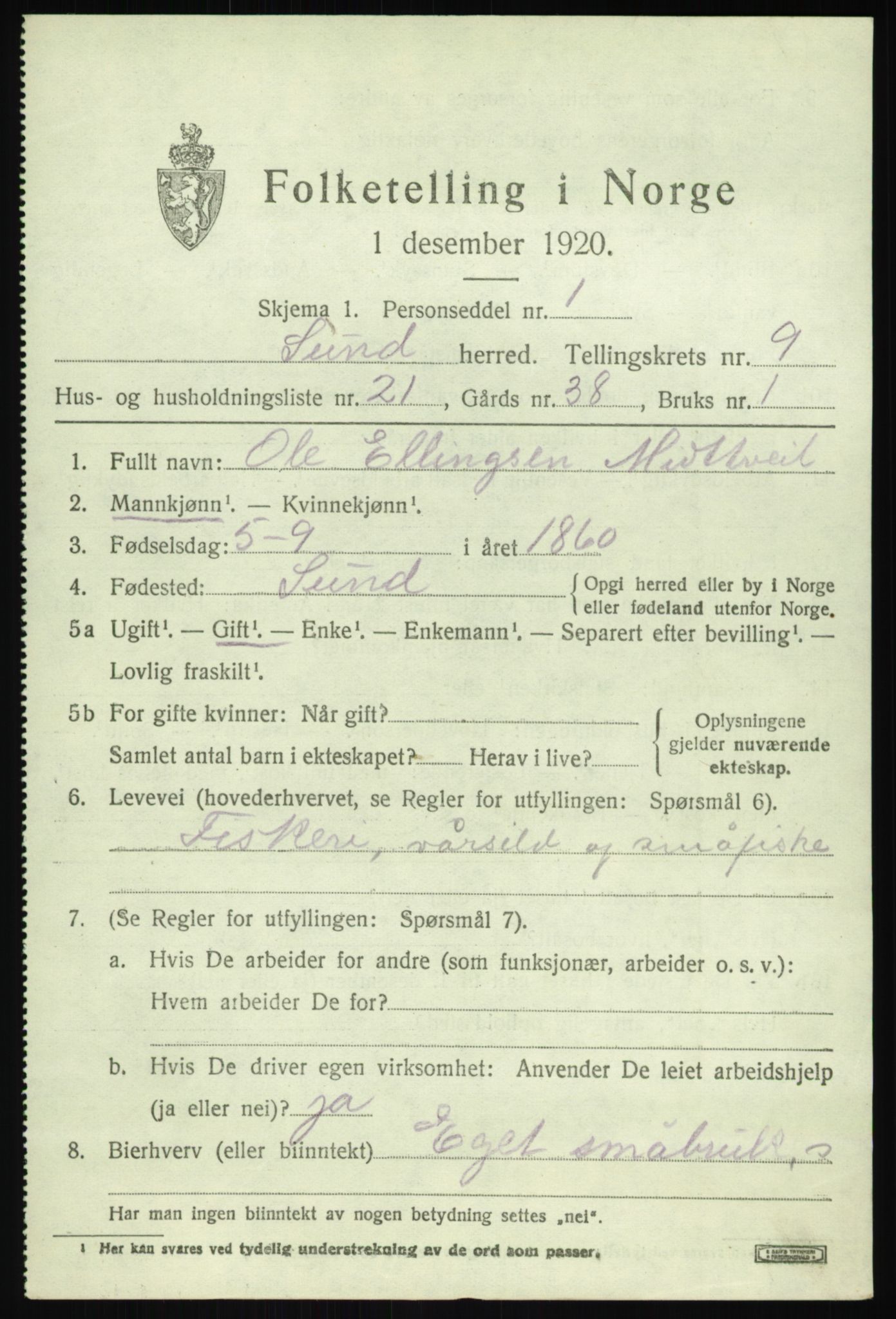 SAB, 1920 census for Sund, 1920, p. 5539