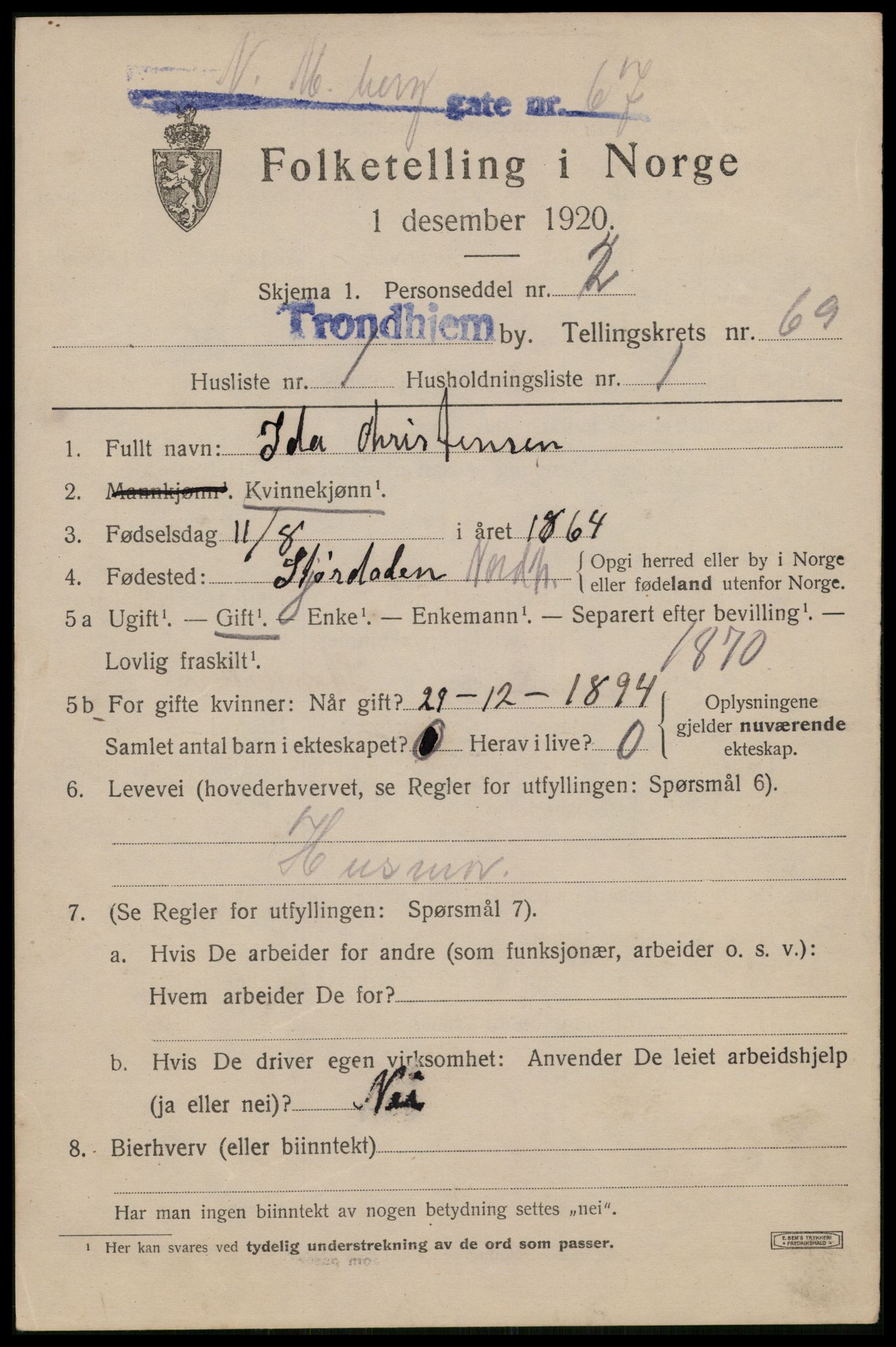 SAT, 1920 census for Trondheim, 1920, p. 135900