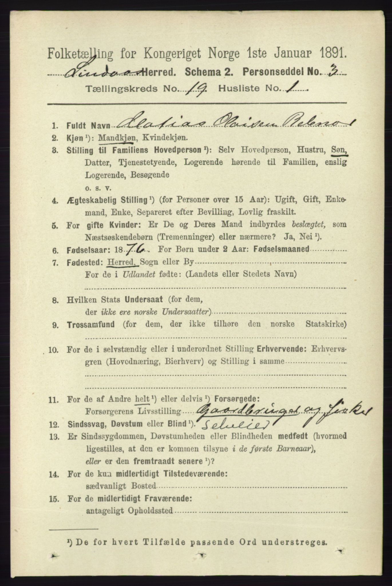 RA, 1891 census for 1263 Lindås, 1891, p. 6933