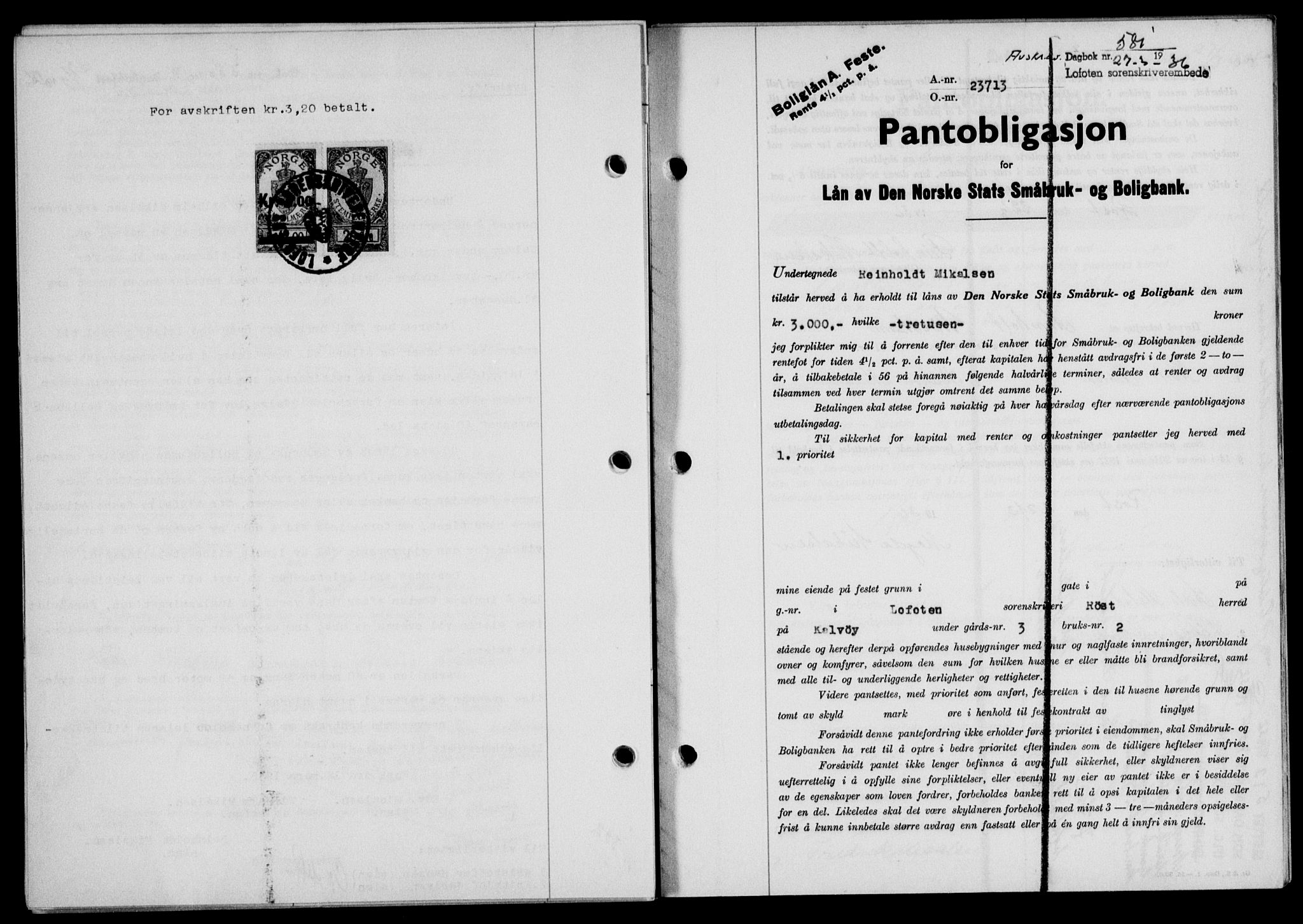 Lofoten sorenskriveri, SAT/A-0017/1/2/2C/L0033b: Mortgage book no. 33b, 1936-1936, Diary no: : 581/1936