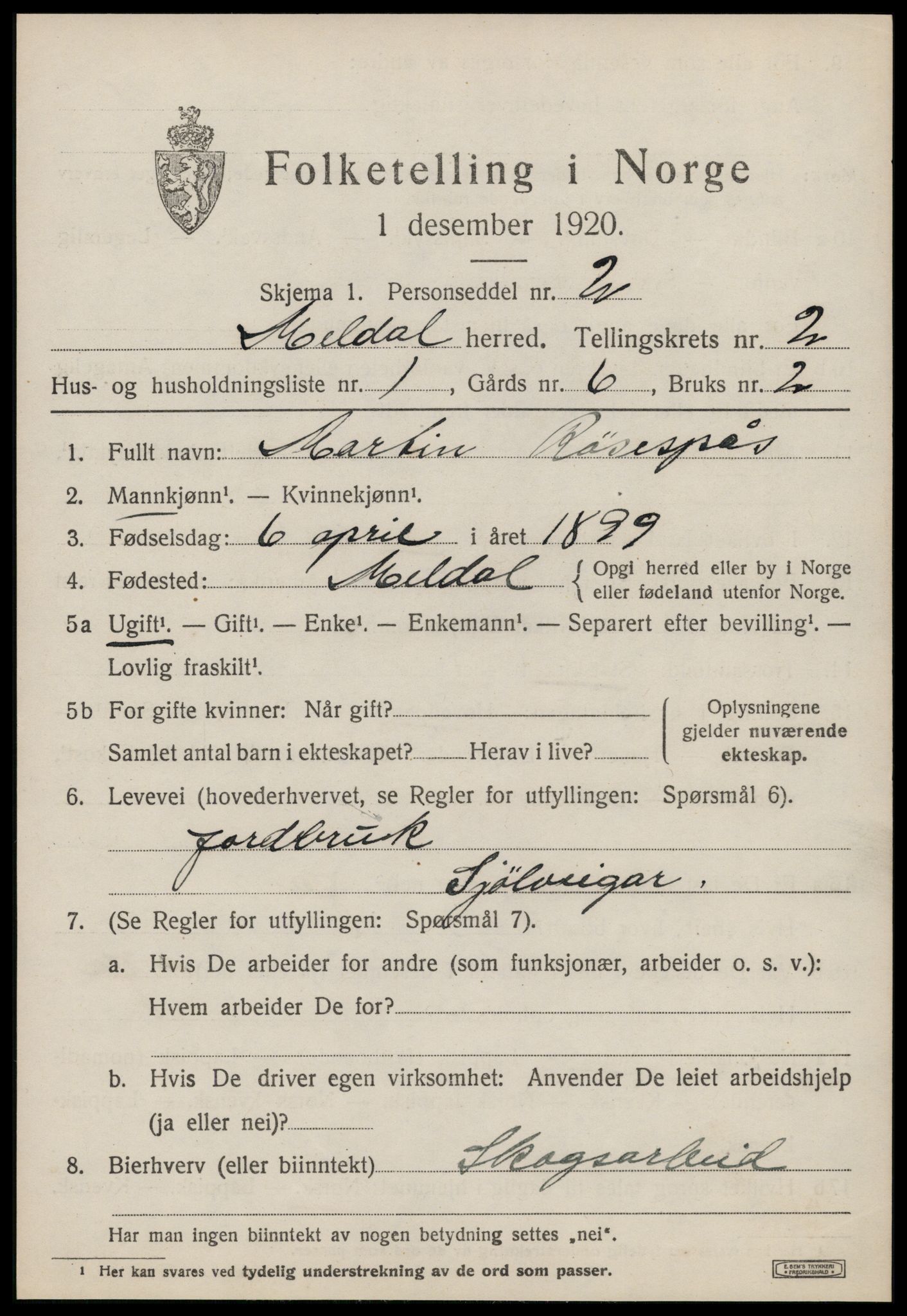 SAT, 1920 census for Meldal, 1920, p. 2023