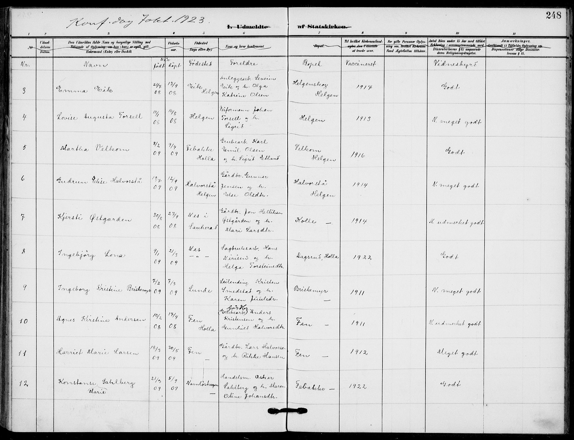 Holla kirkebøker, AV/SAKO-A-272/F/Fa/L0012: Parish register (official) no. 12, 1907-1923, p. 248