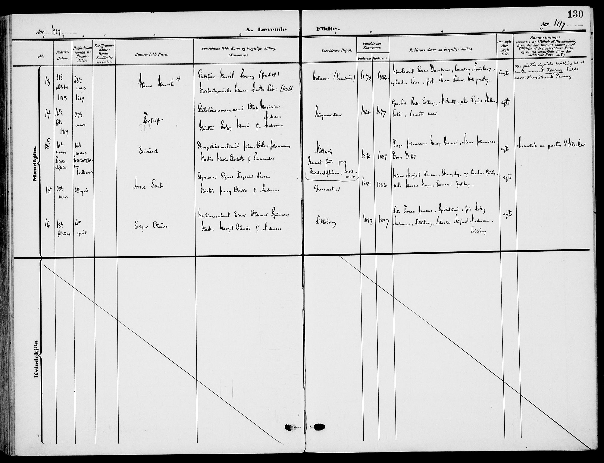 Nøtterøy kirkebøker, AV/SAKO-A-354/F/Fa/L0010: Parish register (official) no. I 10, 1908-1919, p. 130