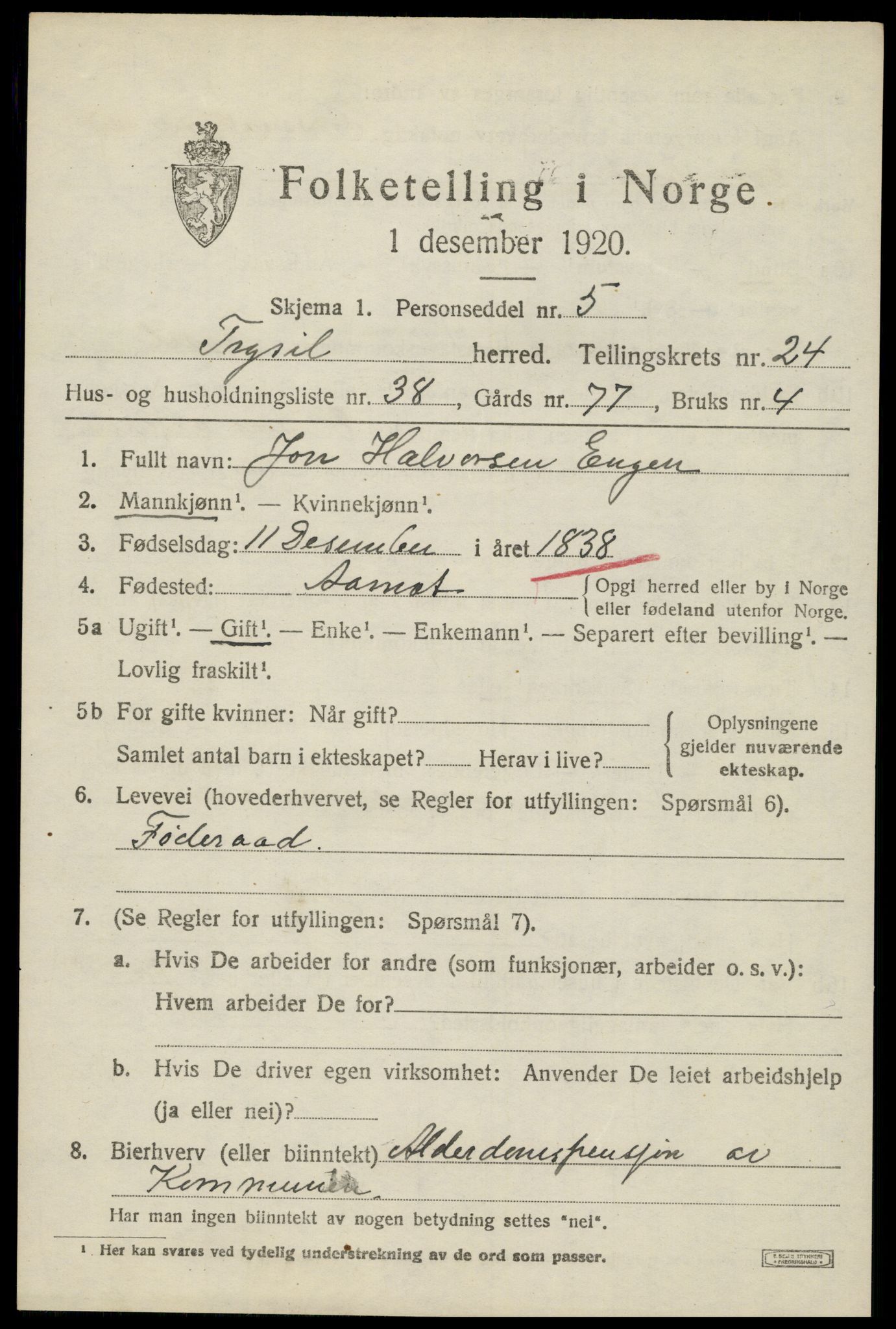 SAH, 1920 census for Trysil, 1920, p. 15687