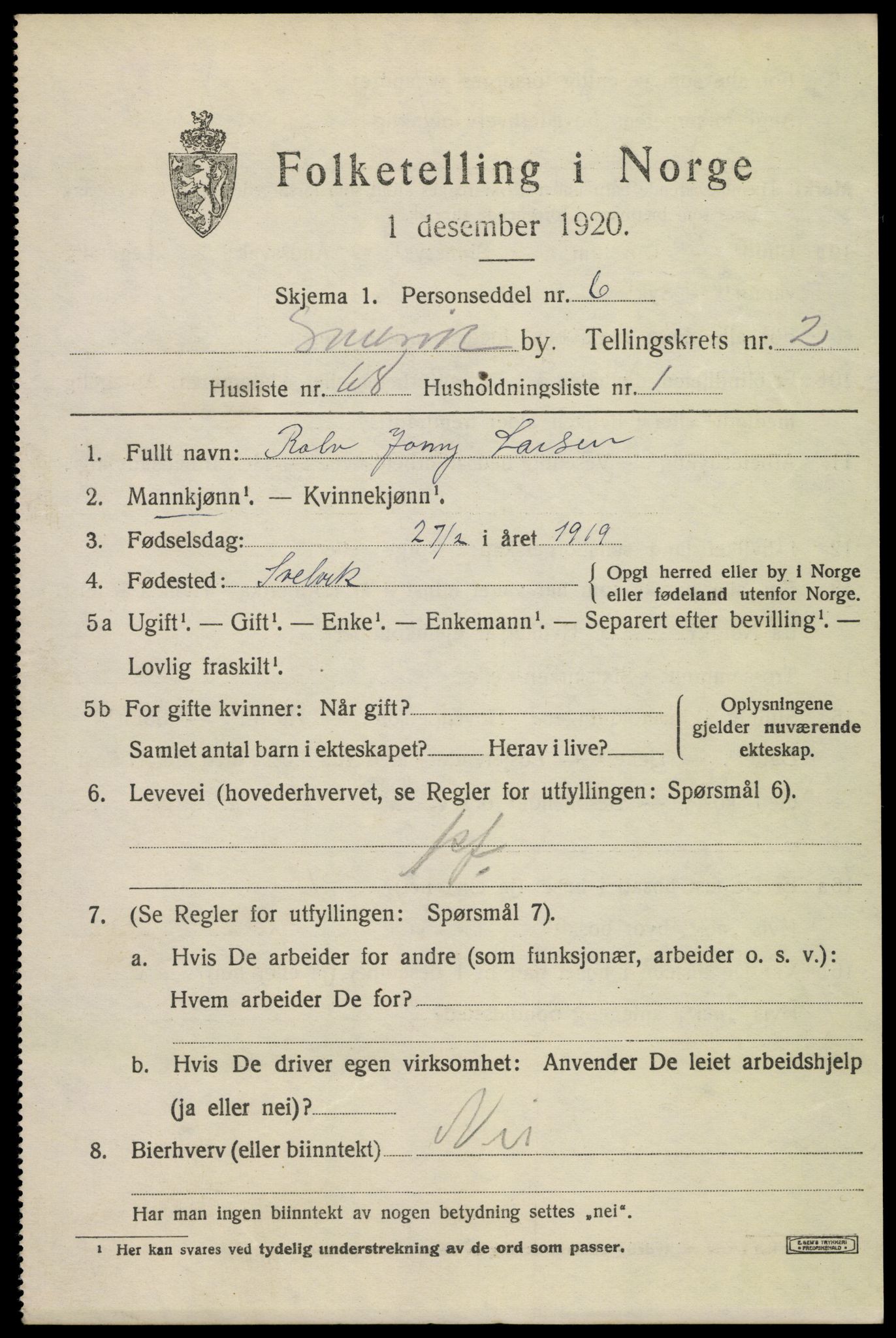 SAKO, 1920 census for Svelvik, 1920, p. 3107