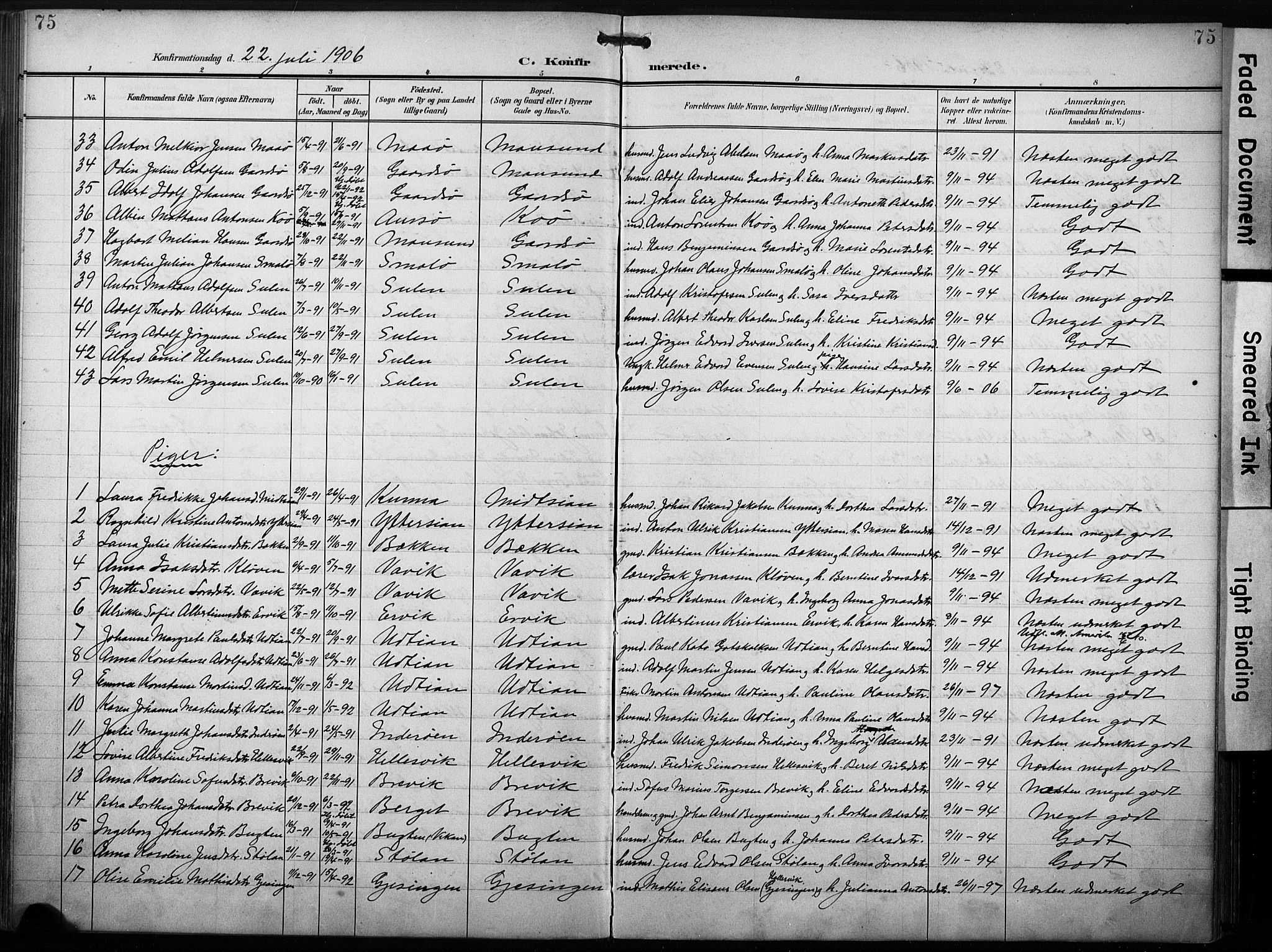 Ministerialprotokoller, klokkerbøker og fødselsregistre - Sør-Trøndelag, AV/SAT-A-1456/640/L0580: Parish register (official) no. 640A05, 1902-1910, p. 75