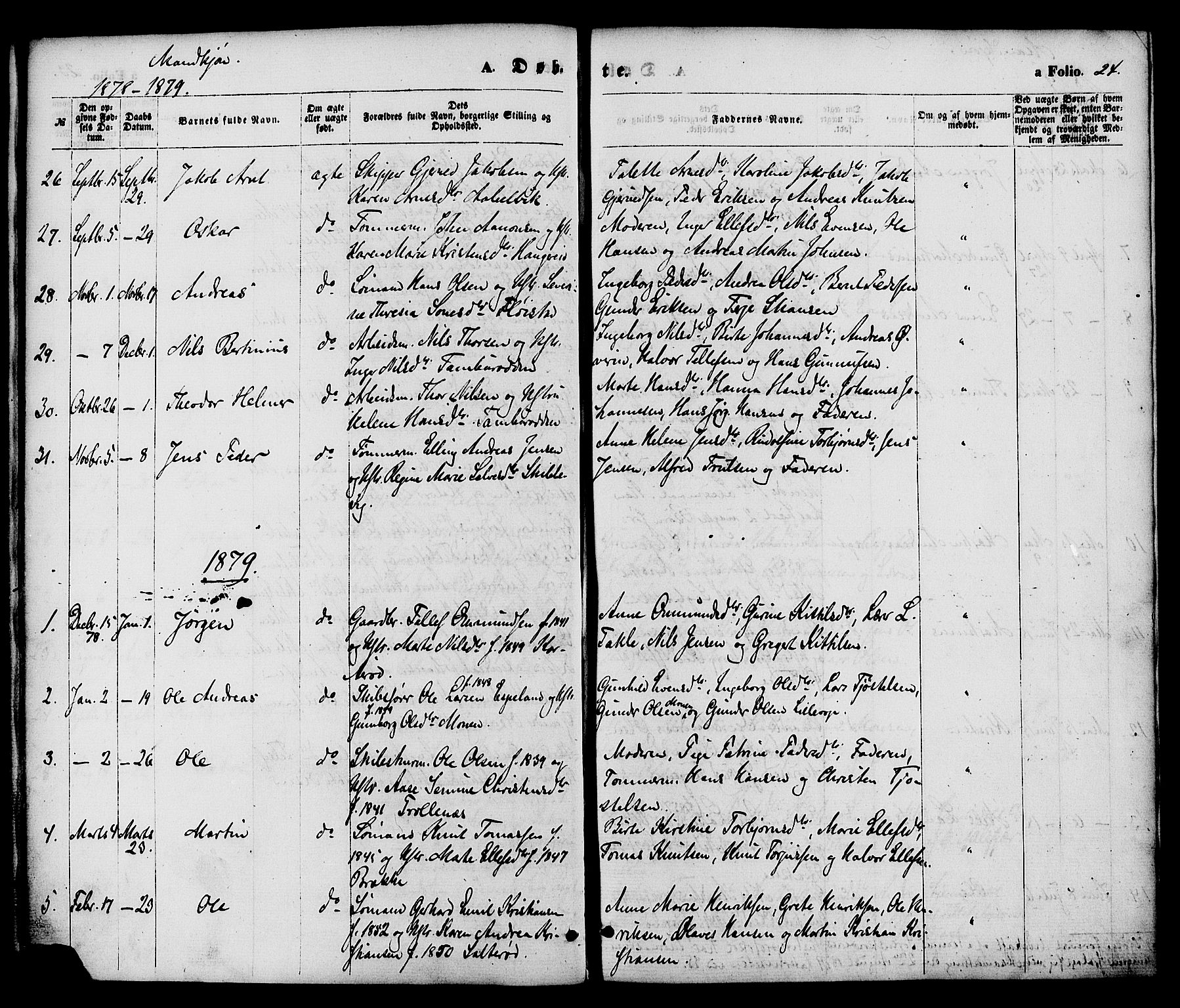 Austre Moland sokneprestkontor, AV/SAK-1111-0001/F/Fa/Faa/L0009: Parish register (official) no. A 9, 1869-1879, p. 24