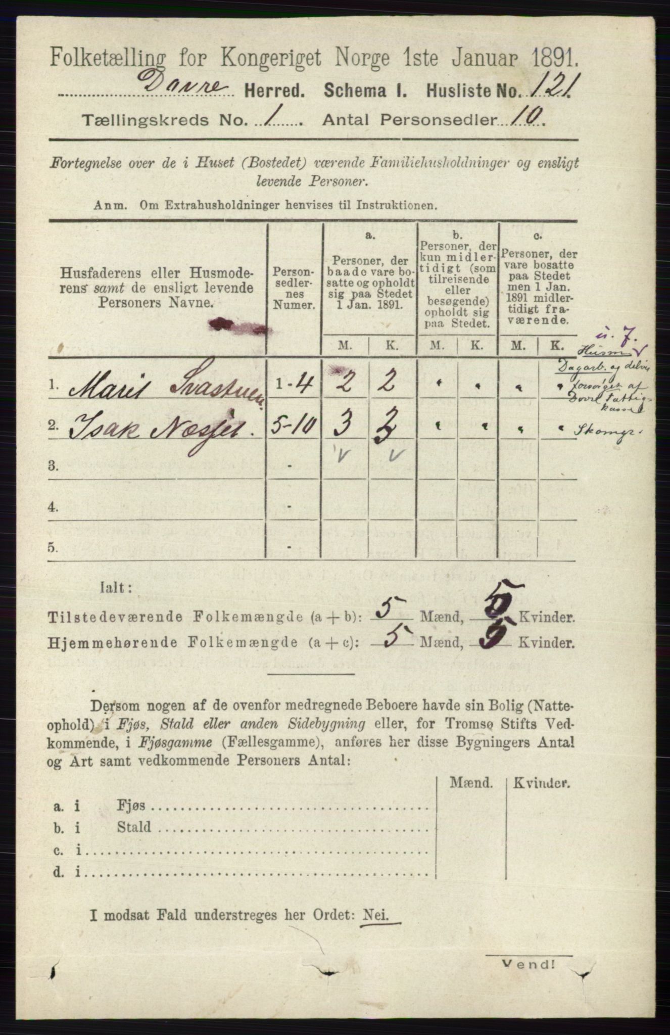 RA, 1891 census for 0511 Dovre, 1891, p. 138