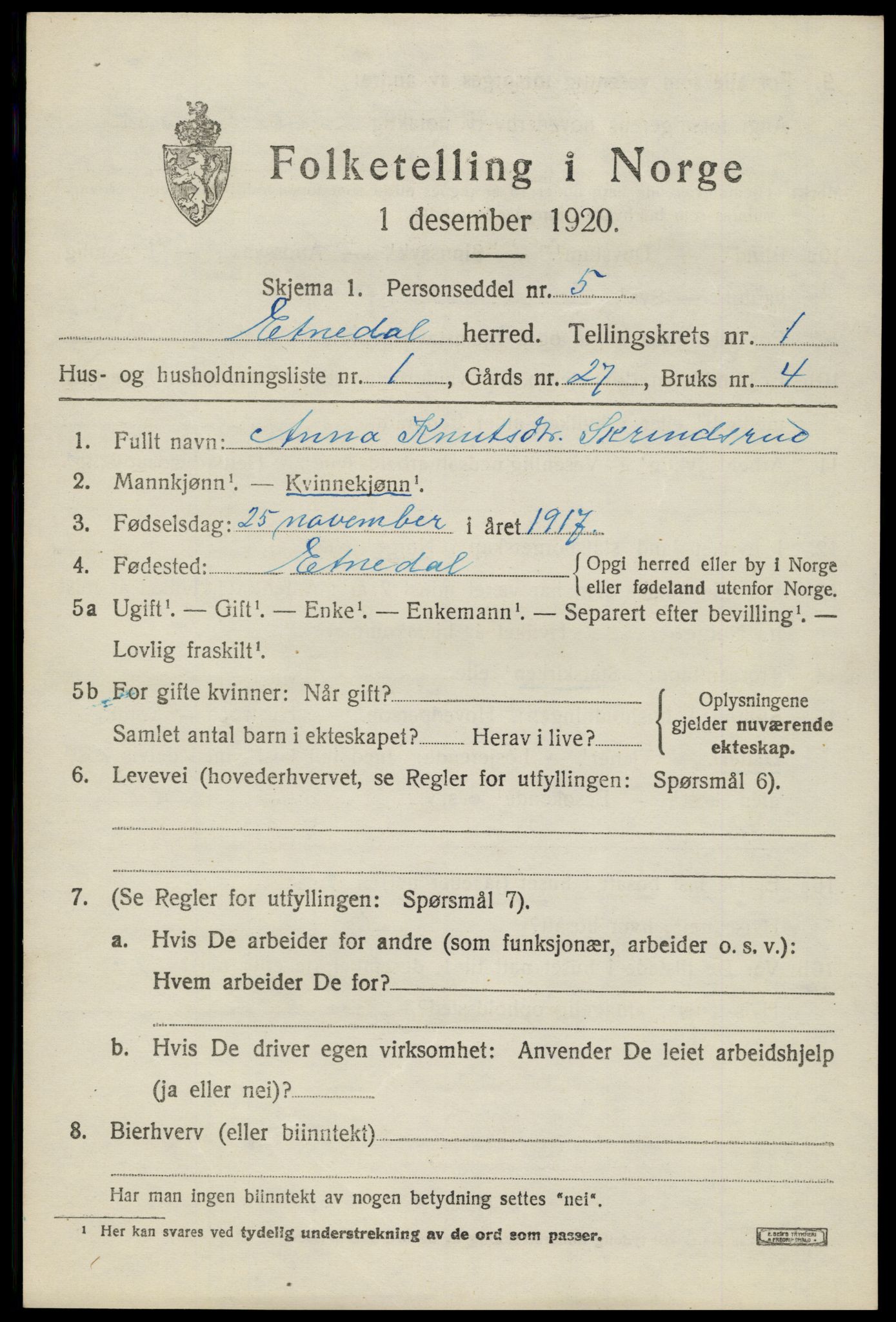 SAH, 1920 census for Etnedal, 1920, p. 798