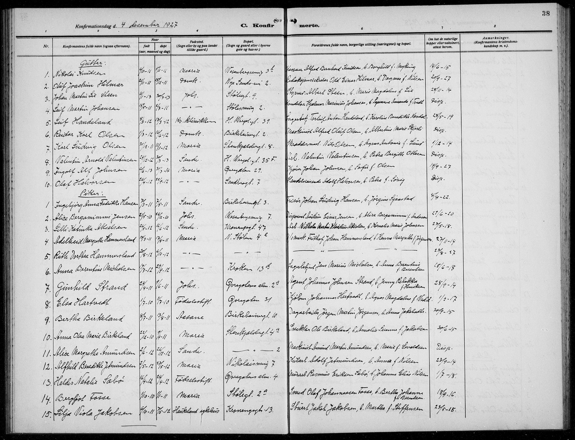 Mariakirken Sokneprestembete, AV/SAB-A-76901/H/Hab/L0010: Parish register (copy) no. A 10, 1920-1937, p. 38