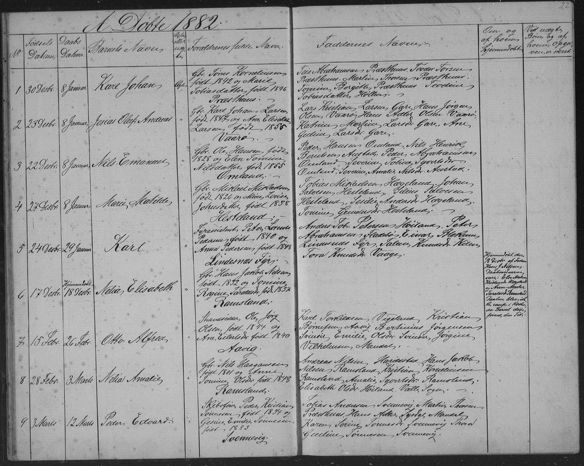 Sør-Audnedal sokneprestkontor, SAK/1111-0039/F/Fb/Fba/L0003: Parish register (copy) no. B 3, 1879-1893, p. 22