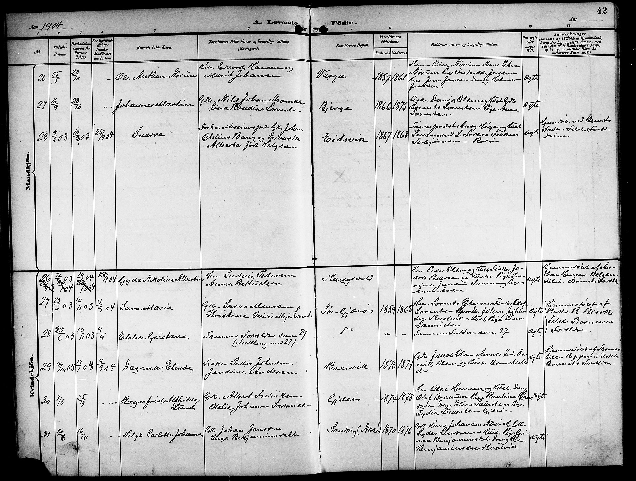 Ministerialprotokoller, klokkerbøker og fødselsregistre - Nordland, AV/SAT-A-1459/841/L0621: Parish register (copy) no. 841C05, 1897-1923, p. 42